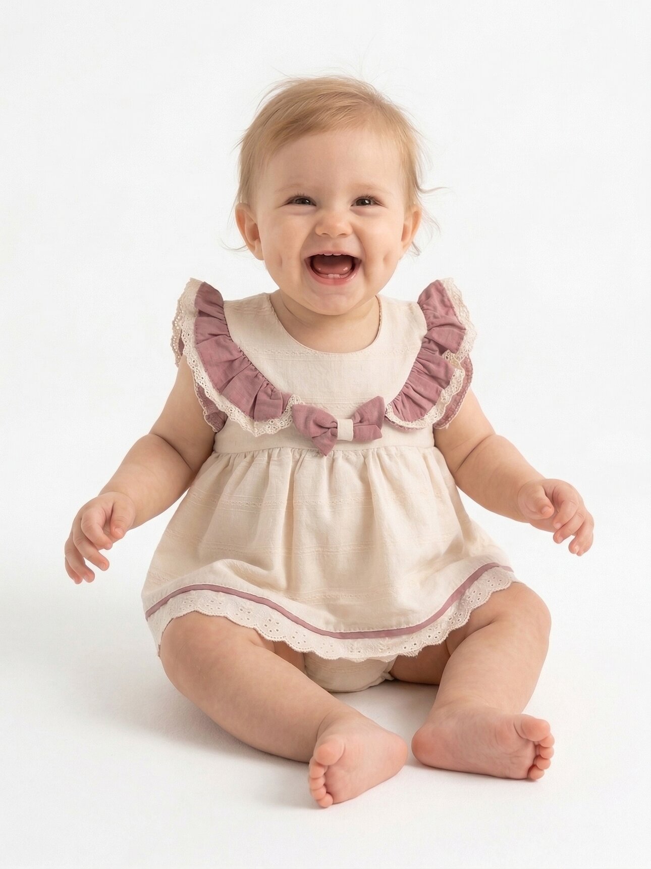 Organik Pamuklu Dantel Detaylı Kız Bebek Keten Zıbınlı Elbise