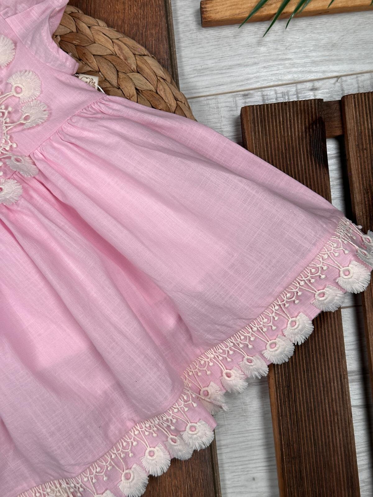 Organik Dantel Nakışlı Kız Bebek Elbise