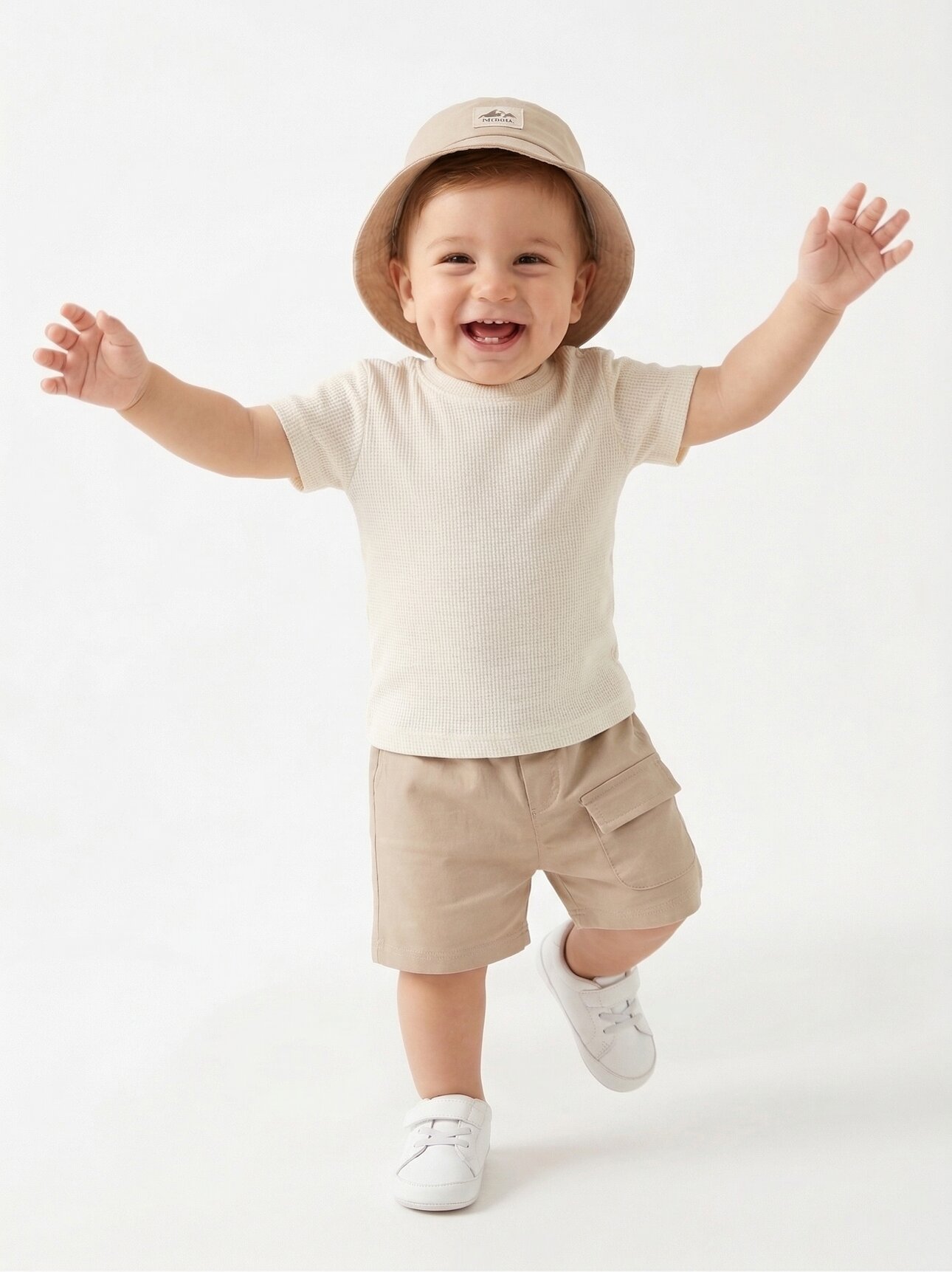 Krem Renk Cep Detaylı Şapkalı Bisiklet Yaka  3 lü Erkek Bebek Takım