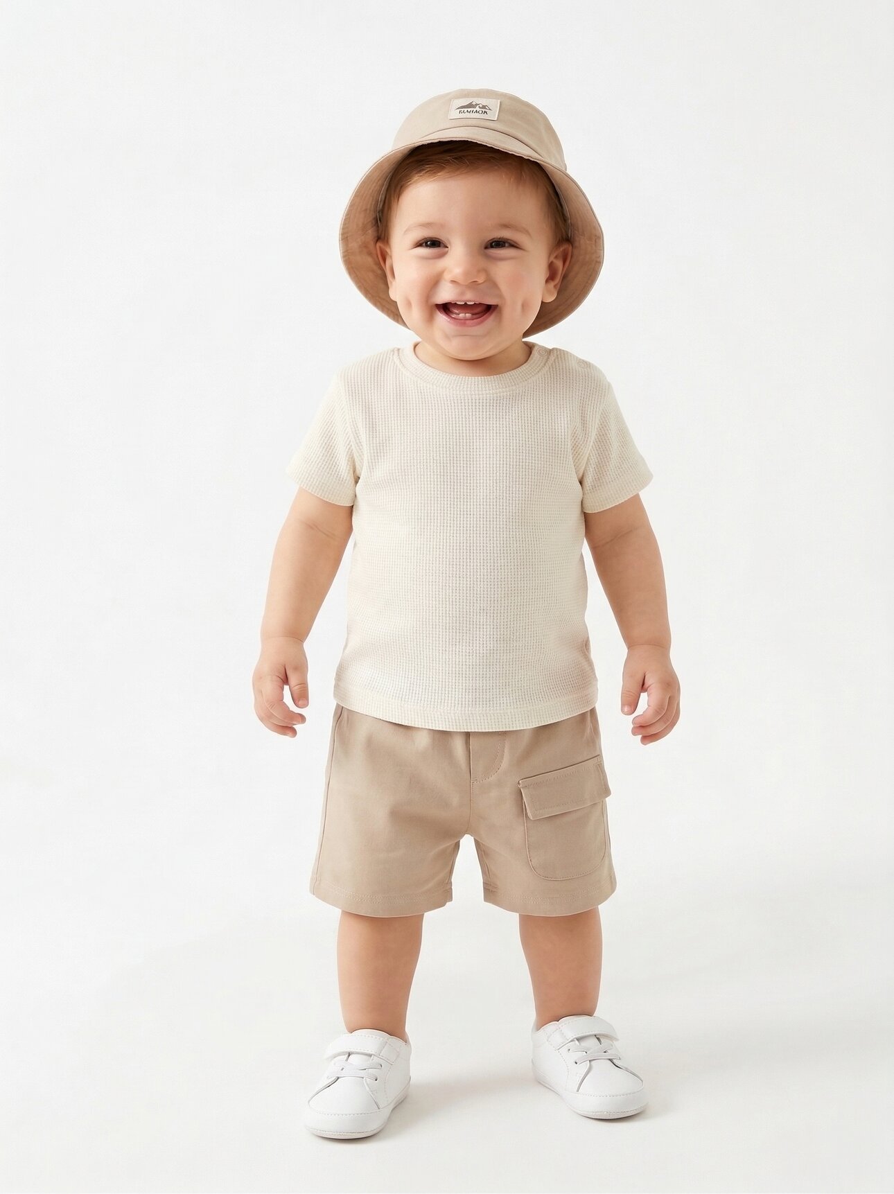 Krem Renk Cep Detaylı Şapkalı Bisiklet Yaka Erkek Bebek Takım