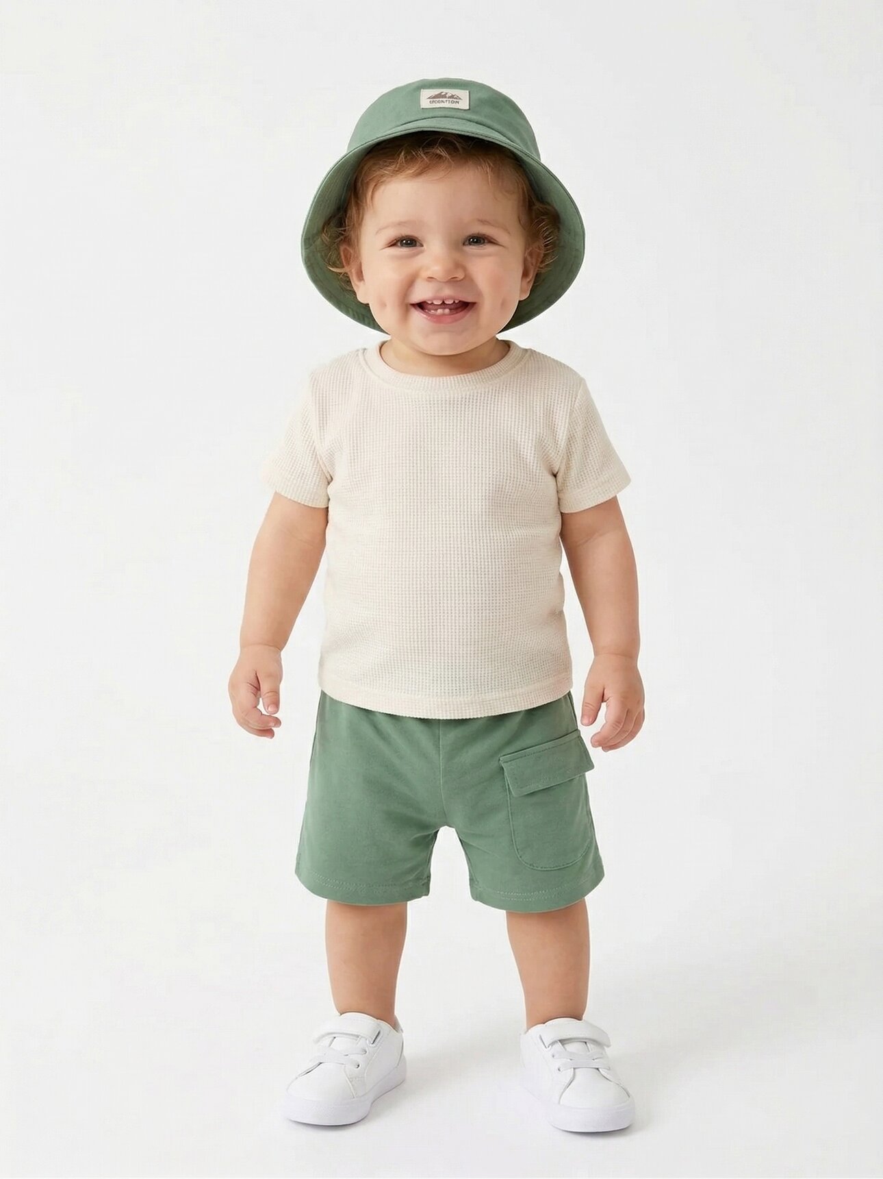 Yeşil Renk Cep Detaylı Şapkalı Bisiklet Yaka Erkek Bebek Takım