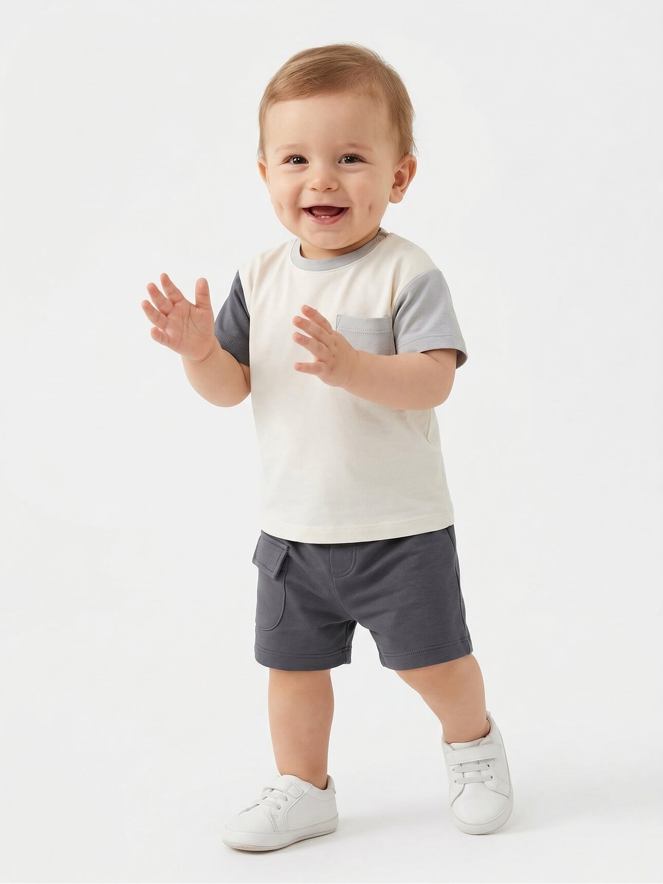 Cep Detaylı Omuzdan Çıtçıtlı Tam Beden Yazlık Erkek Bebek Takım