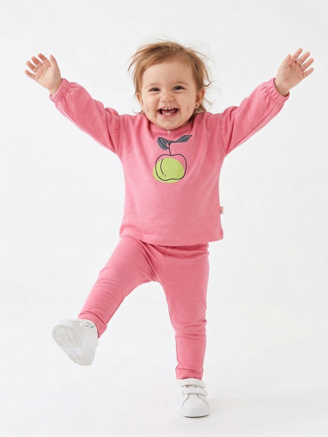 Pamuklu Kaliteli Elma Desenli Uzun Kollu 2li Kız Bebek Takım