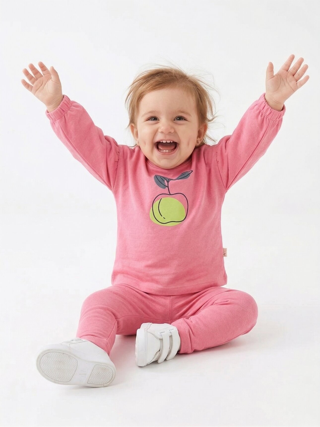 Pamuklu Kaliteli Elma Desenli Uzun Kollu 2li Kız Bebek Takım