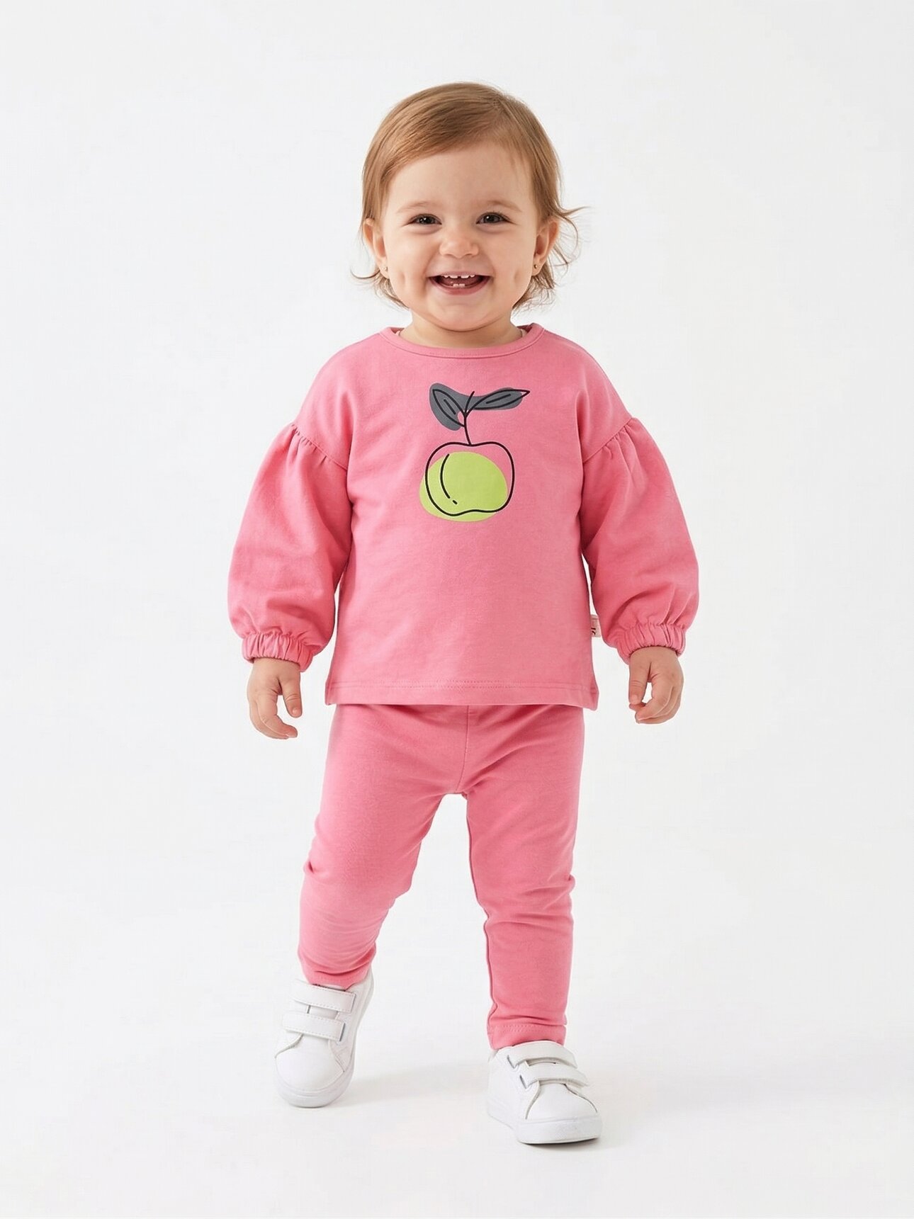 Pamuklu Kaliteli Elma Desenli Uzun Kollu 2li Kız Bebek Takım