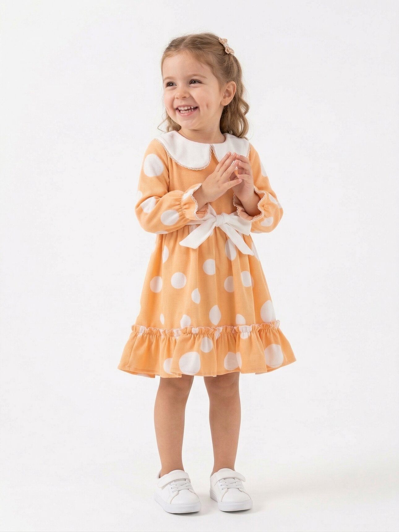Pamuklu Puantiyeli Güpür Detaylı Yaka Kız Çocuk Elbise