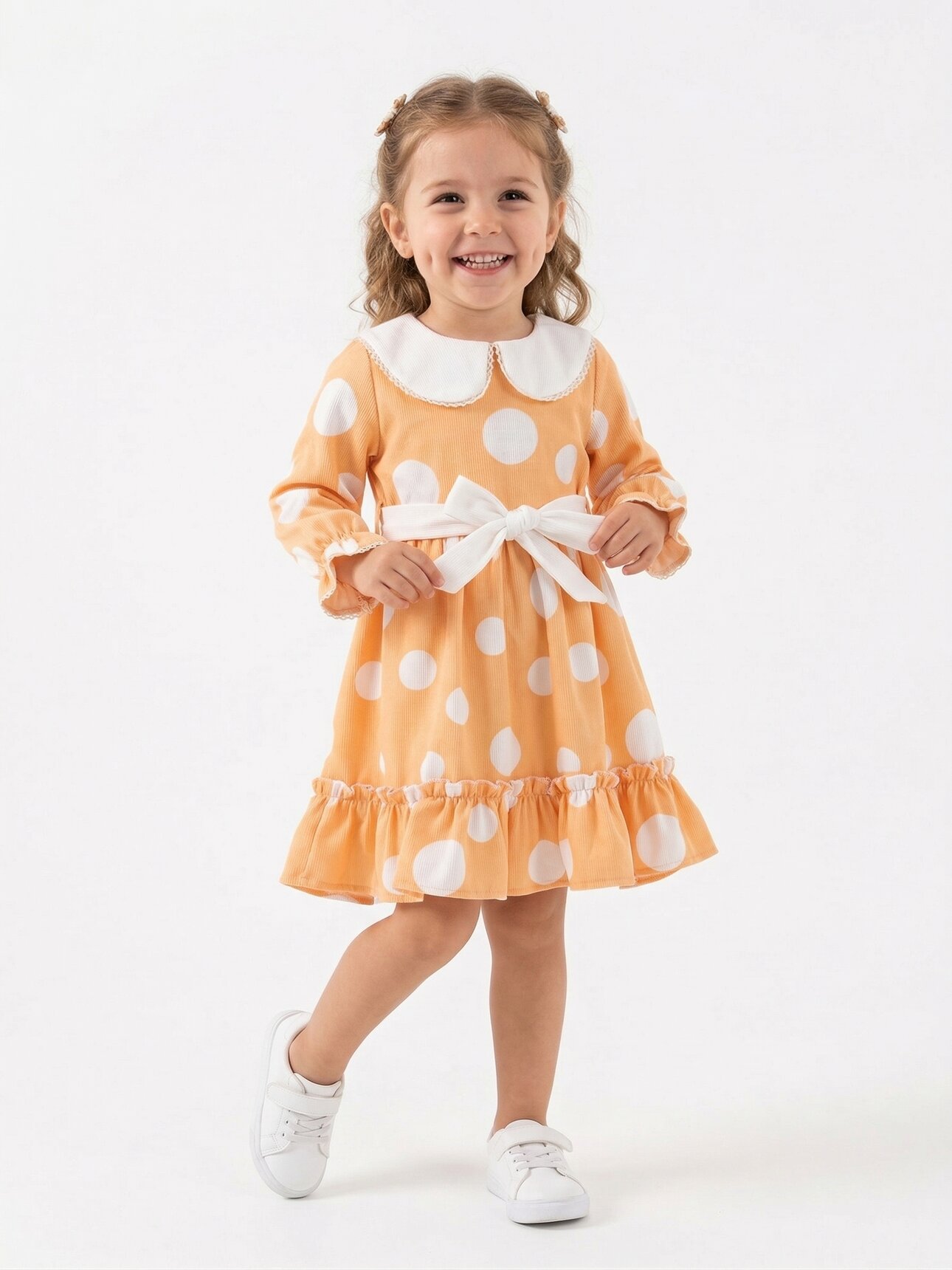 Pamuklu Puantiyeli Güpür Detaylı Yaka Kız Çocuk Elbise