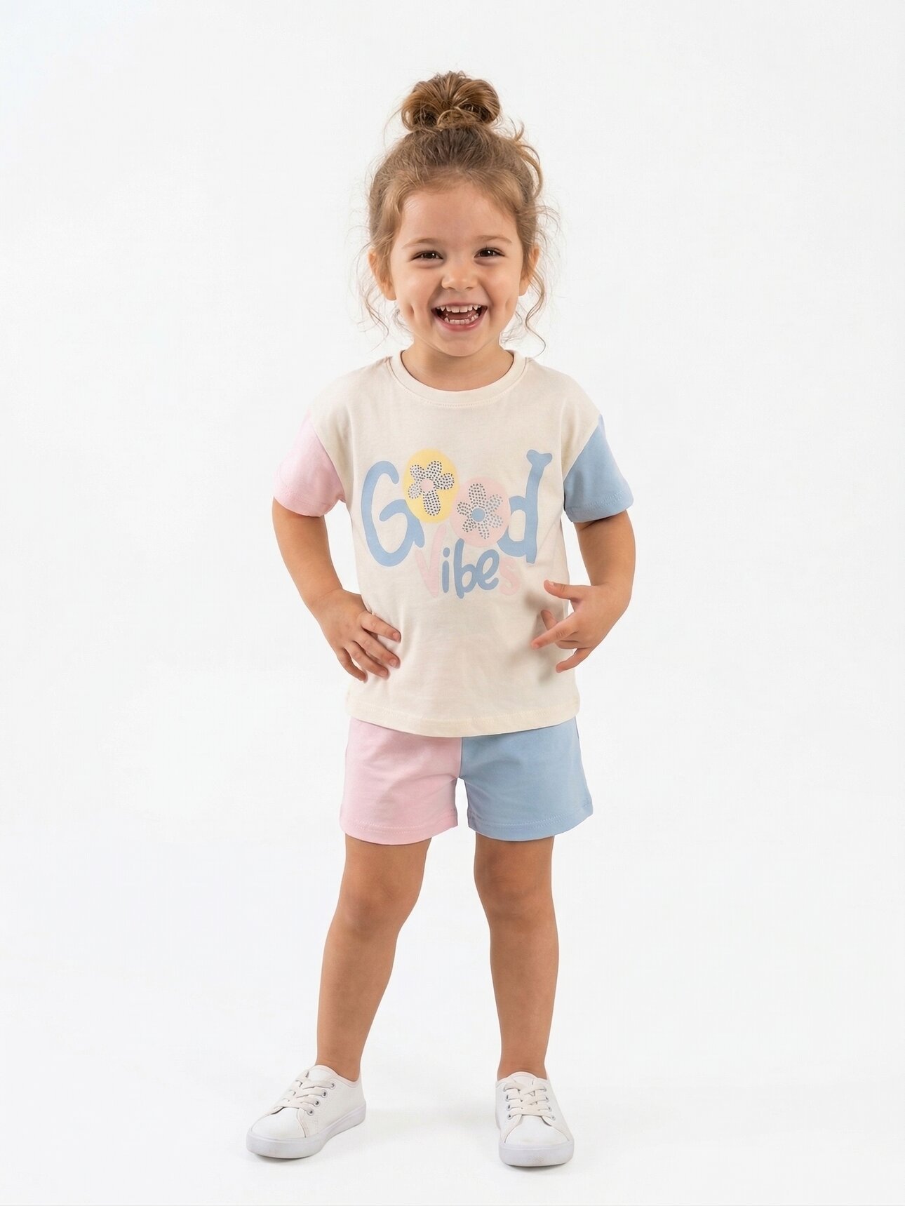 KREM BİSİKLET YAKA KISA KOLLU LASTİKLİ BEL KIZ ÇOCUK & BEBEK ALT ÜST TAKIM