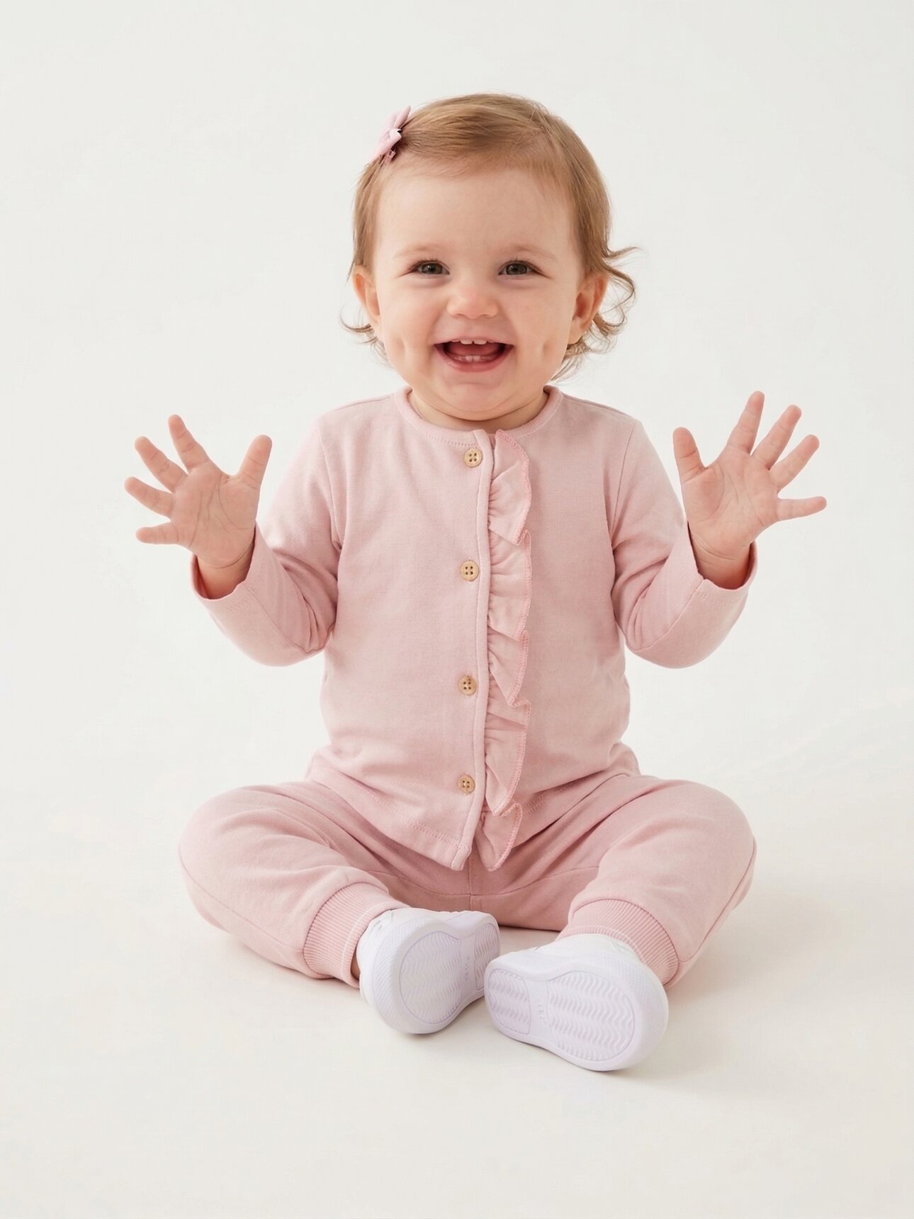 Pamuklu Fırfır Detaylı  Uzun Kollu Düğmeli 2li Kız Bebek Takım