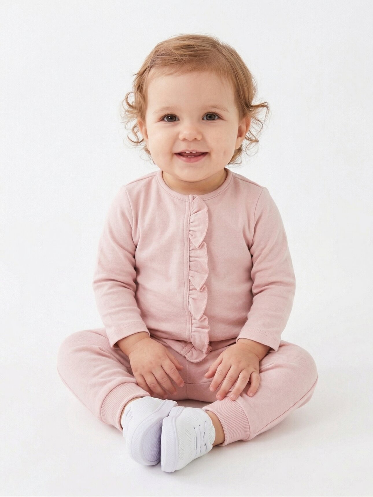 Pamuklu Fırfır Detaylı  Uzun Kollu Düğmeli 2li Kız Bebek Takım