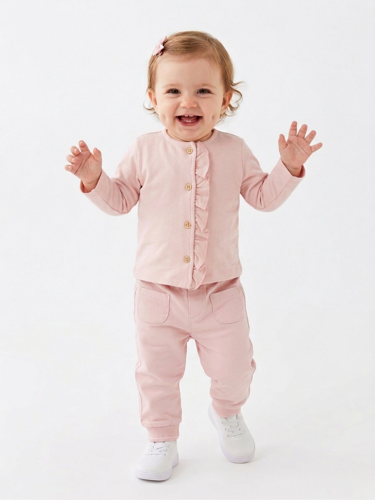 Pamuklu Fırfır Detaylı  Uzun Kollu Düğmeli 2li Kız Bebek Takım