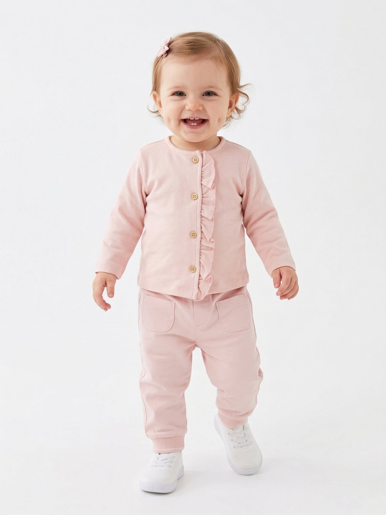 Pamuklu Fırfır Detaylı  Uzun Kollu Düğmeli 2li Kız Bebek Takım