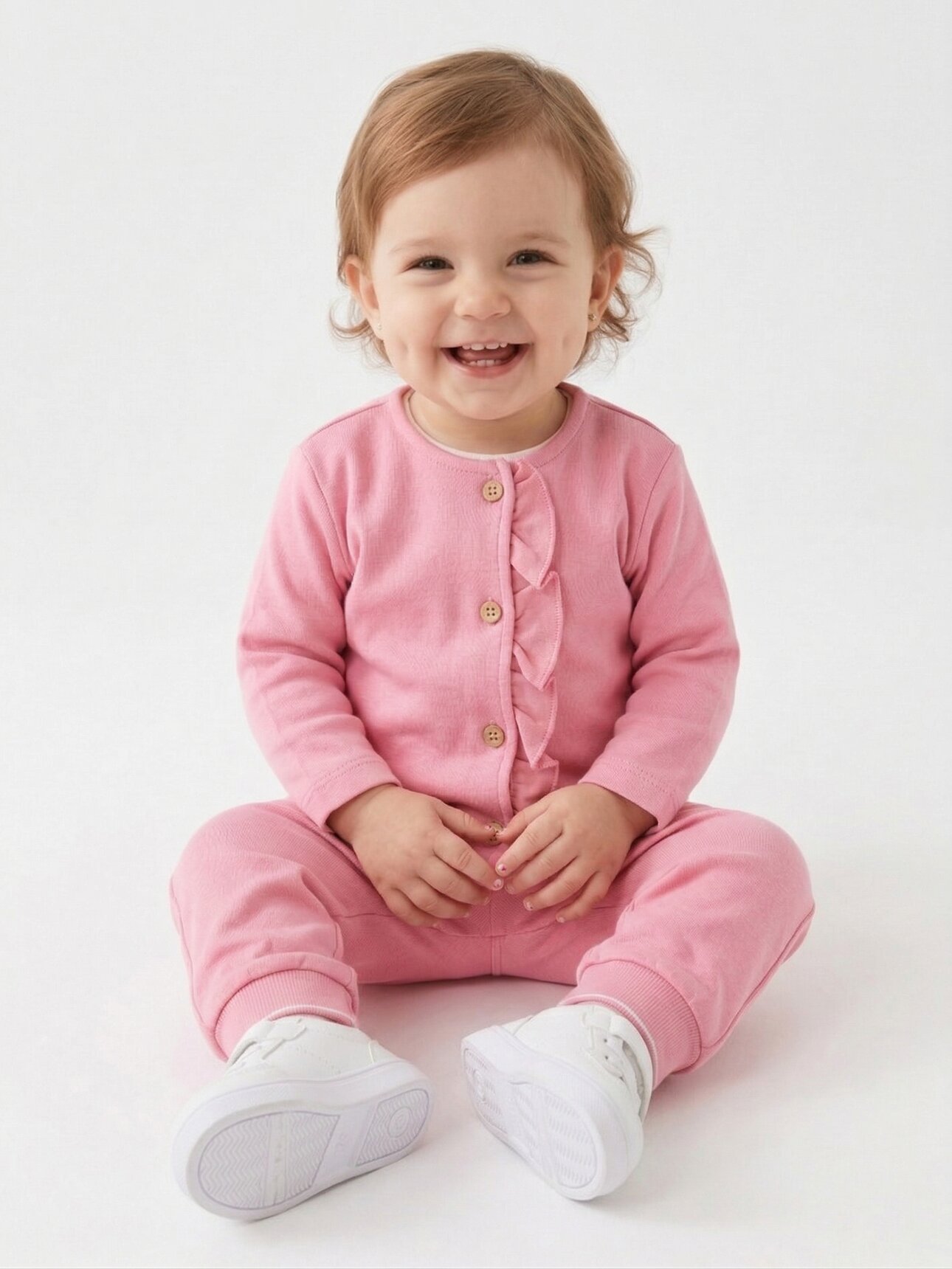 Pamuklu Fırfır Detaylı  Uzun Kollu Düğmeli 2li Kız Bebek Takım