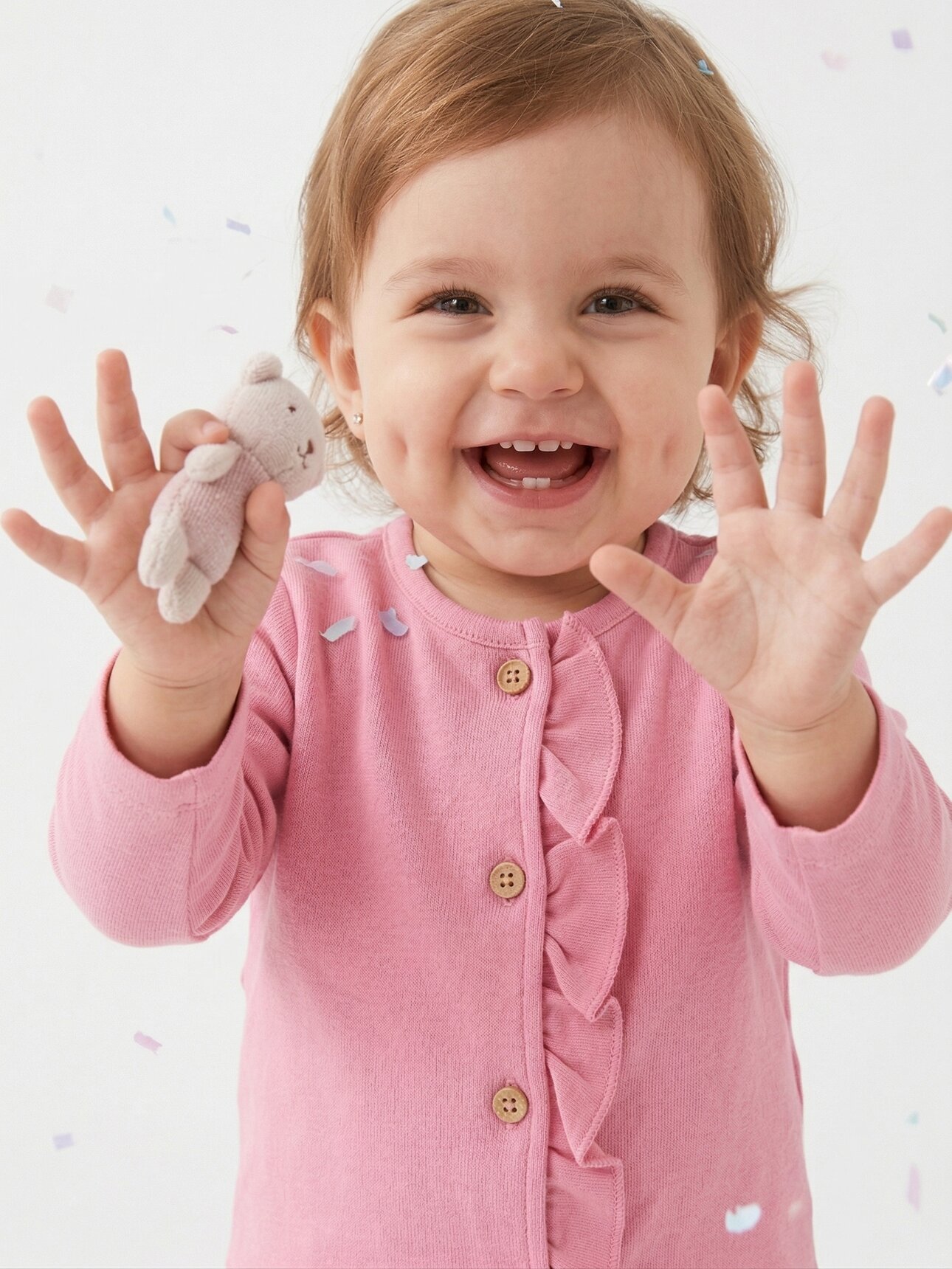 Pamuklu Fırfır Detaylı  Uzun Kollu Düğmeli 2li Kız Bebek Takım