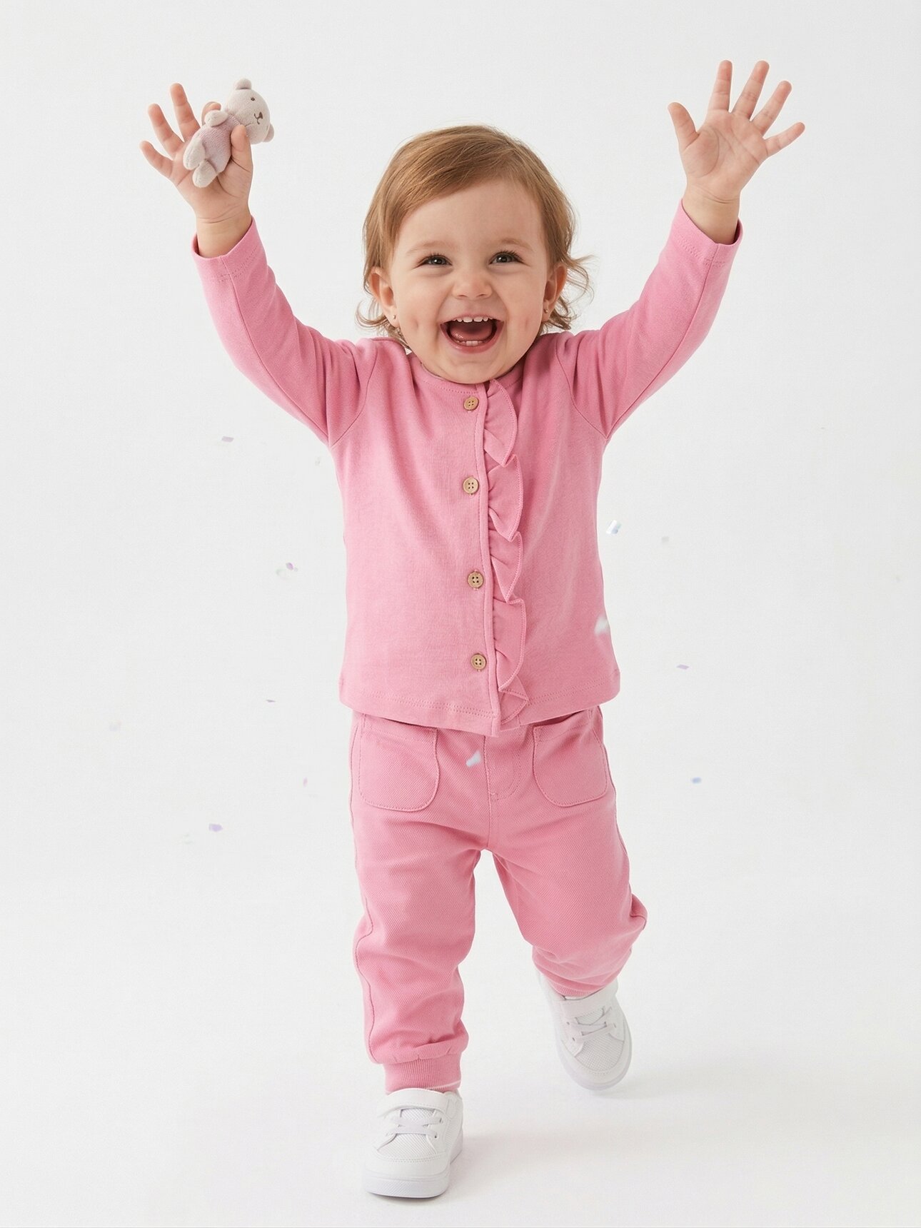 Pamuklu Fırfır Detaylı  Uzun Kollu Düğmeli 2li Kız Bebek Takım