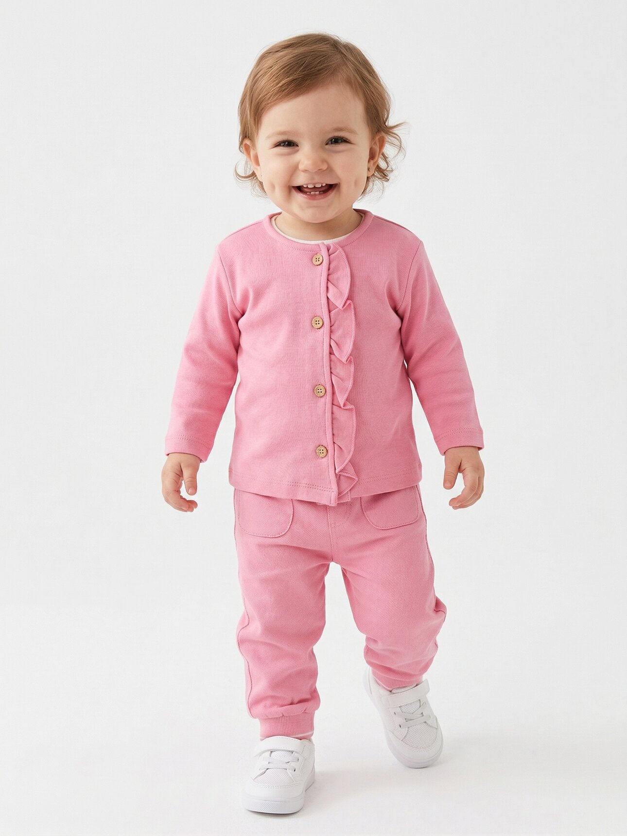 Pamuklu Fırfır Detaylı  Uzun Kollu Düğmeli 2li Kız Bebek Takım