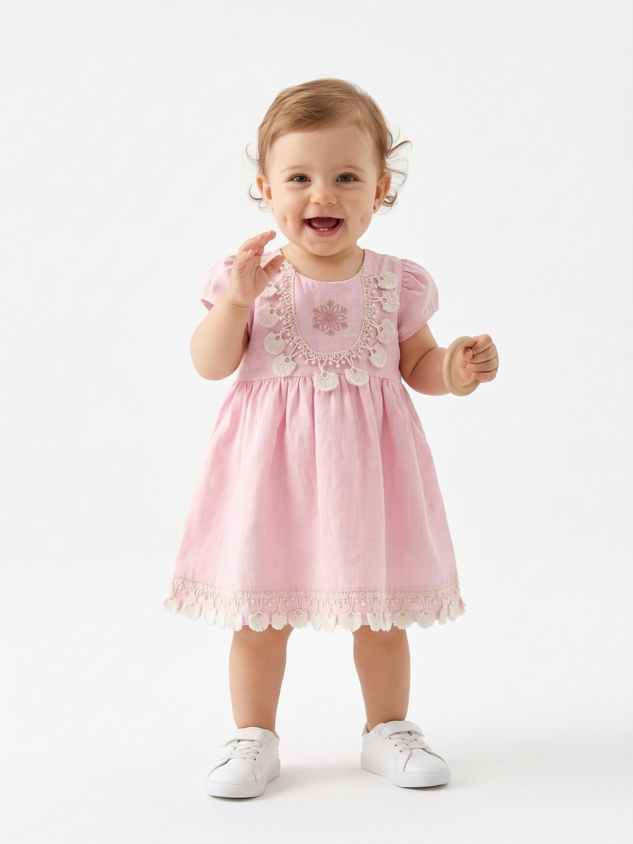 Organik Dantel Nakışlı Kız Bebek Elbise