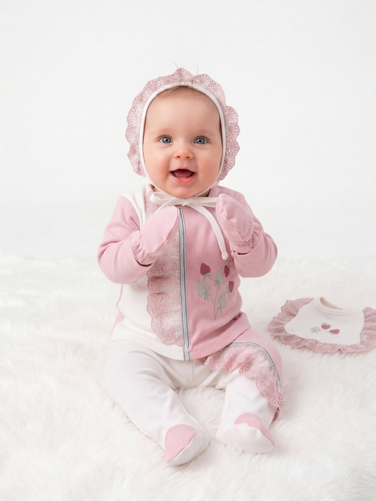 Yenidoğan %100 Pamuk Kız Bebek Çilek Nakış Detaylı 5li Hastane Çıkış Seti