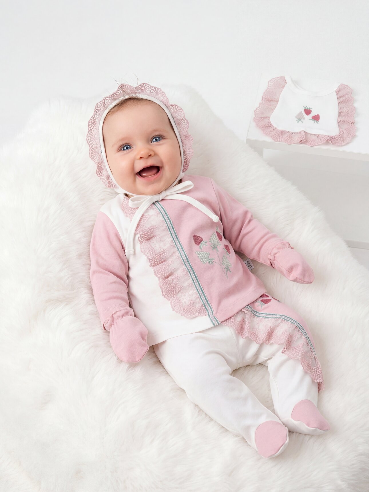 Yenidoğan %100 Pamuk Kız Bebek Çilek Nakış Detaylı 5li Hastane Çıkış Seti