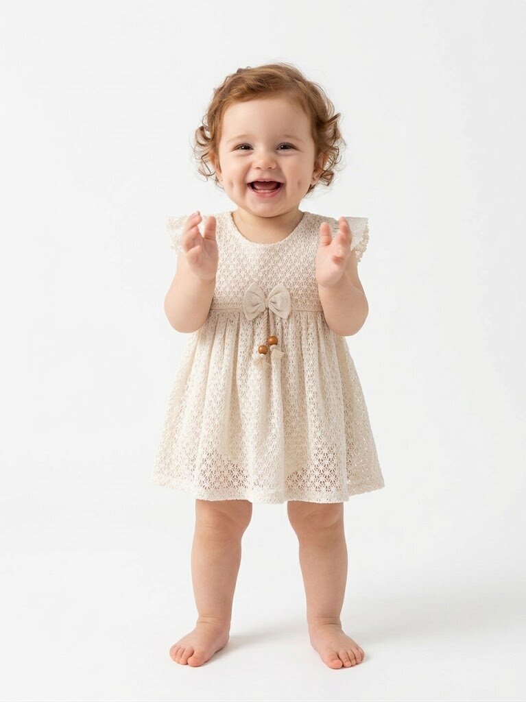 Organik Fiyonk  Detaylı Kız Bebek Elbise