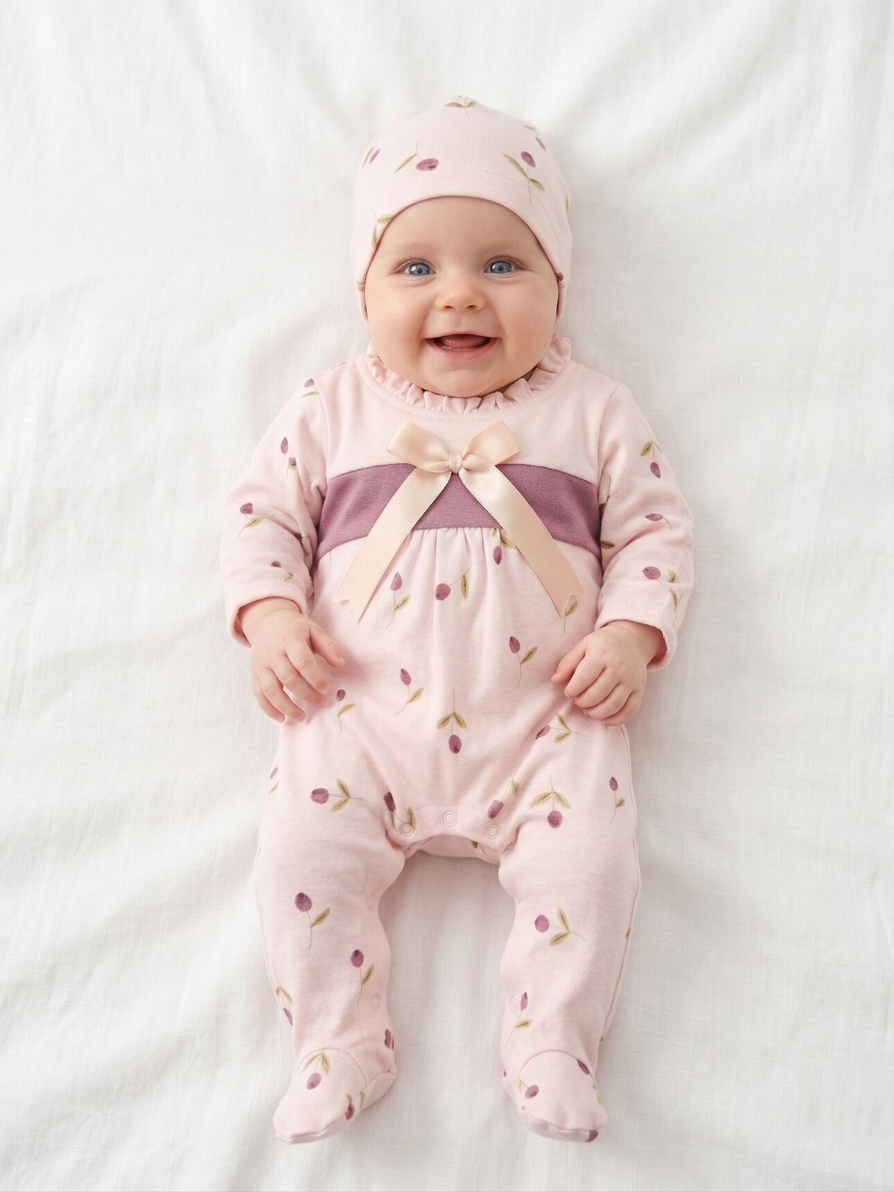 Mevsimlik Pamuklu Fiyonk Detaylı Şapkalı Kız Bebek 2li Tulum Takım