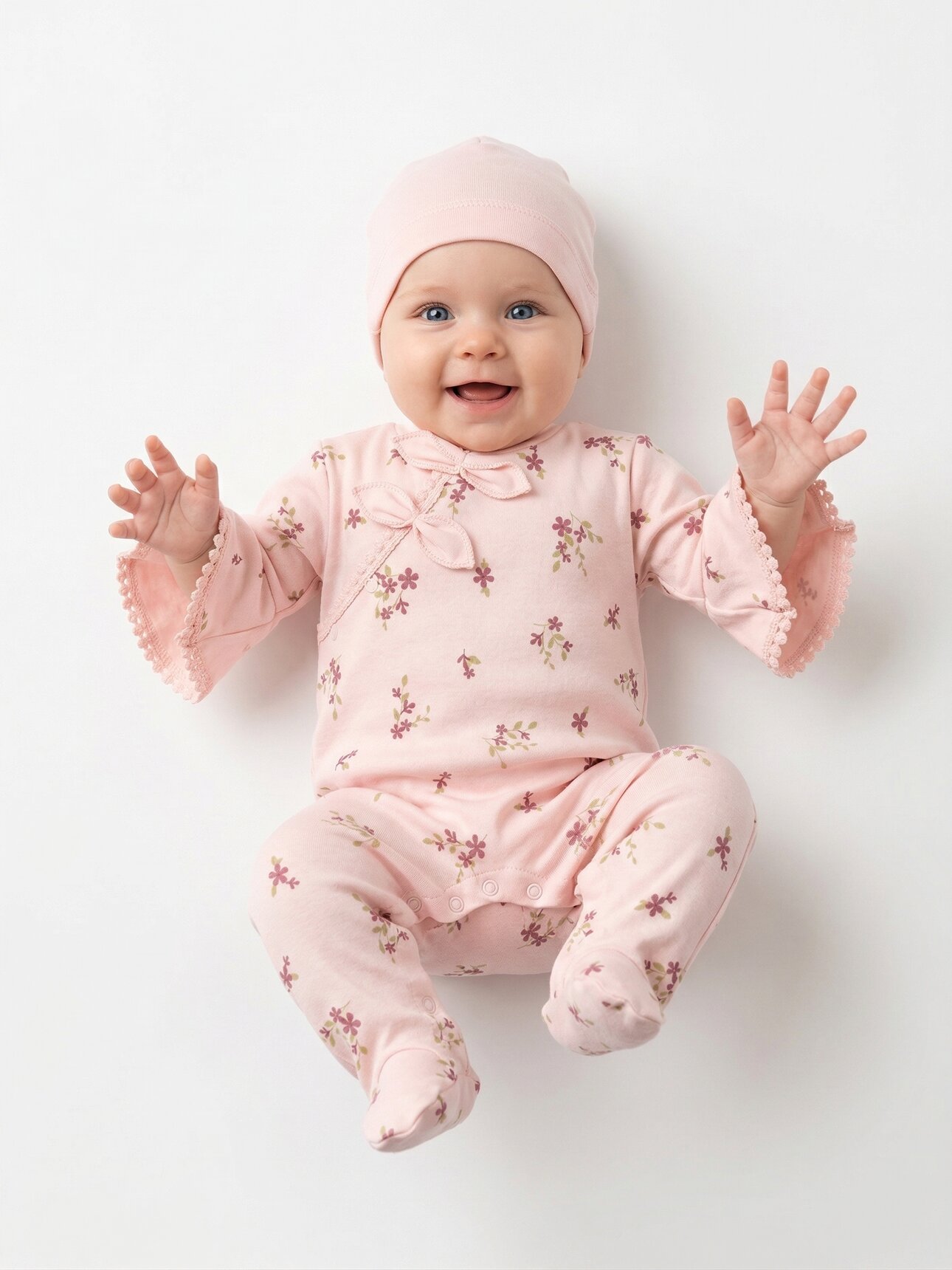 Mevsimlik Pamuklu Fiyonk Detaylı Şapkalı Kız Bebek 2li Tulum Takım