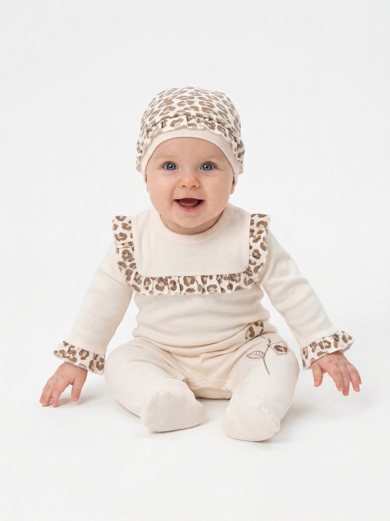 Mevsimlik Pamuklu Leopar Detaylı Şapkalı Kız Bebek 2li Tulum Takım