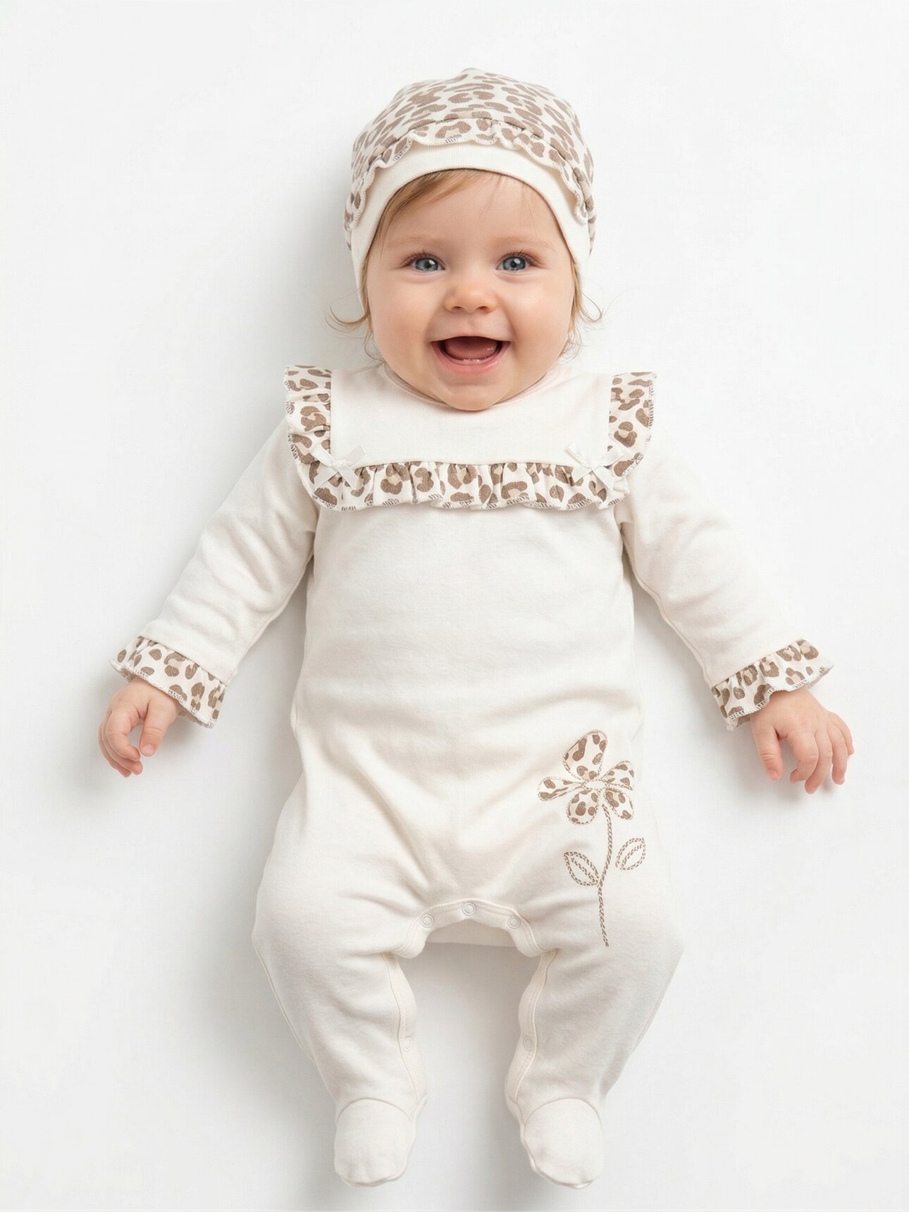 Mevsimlik Pamuklu Leopar Detaylı Şapkalı Kız Bebek 2li Tulum Takım