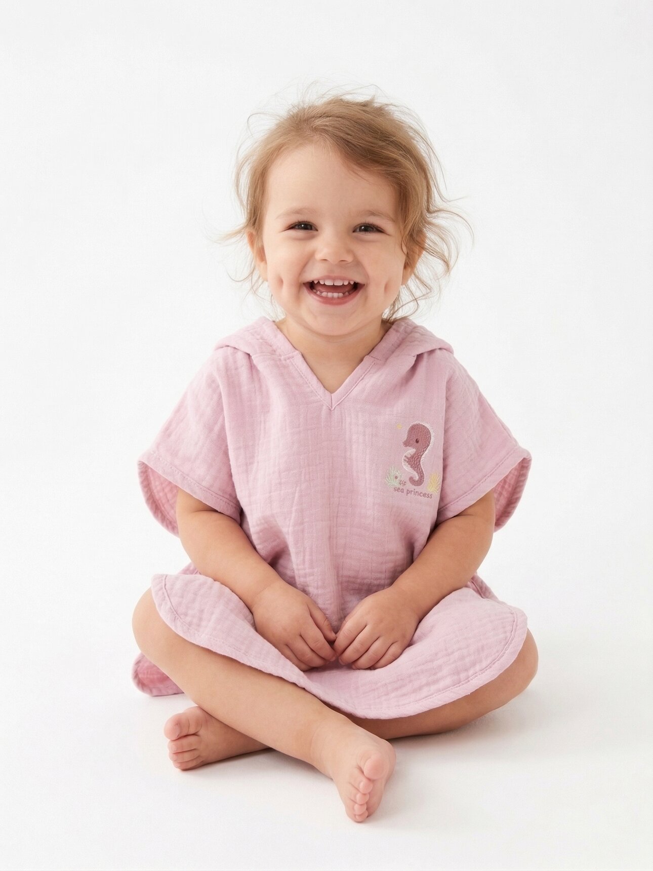 Müslin Organik Deniz Atıı Detaylı 1-5 Yaş Uyumlu Standart Beden Kız Bebek Bornoz