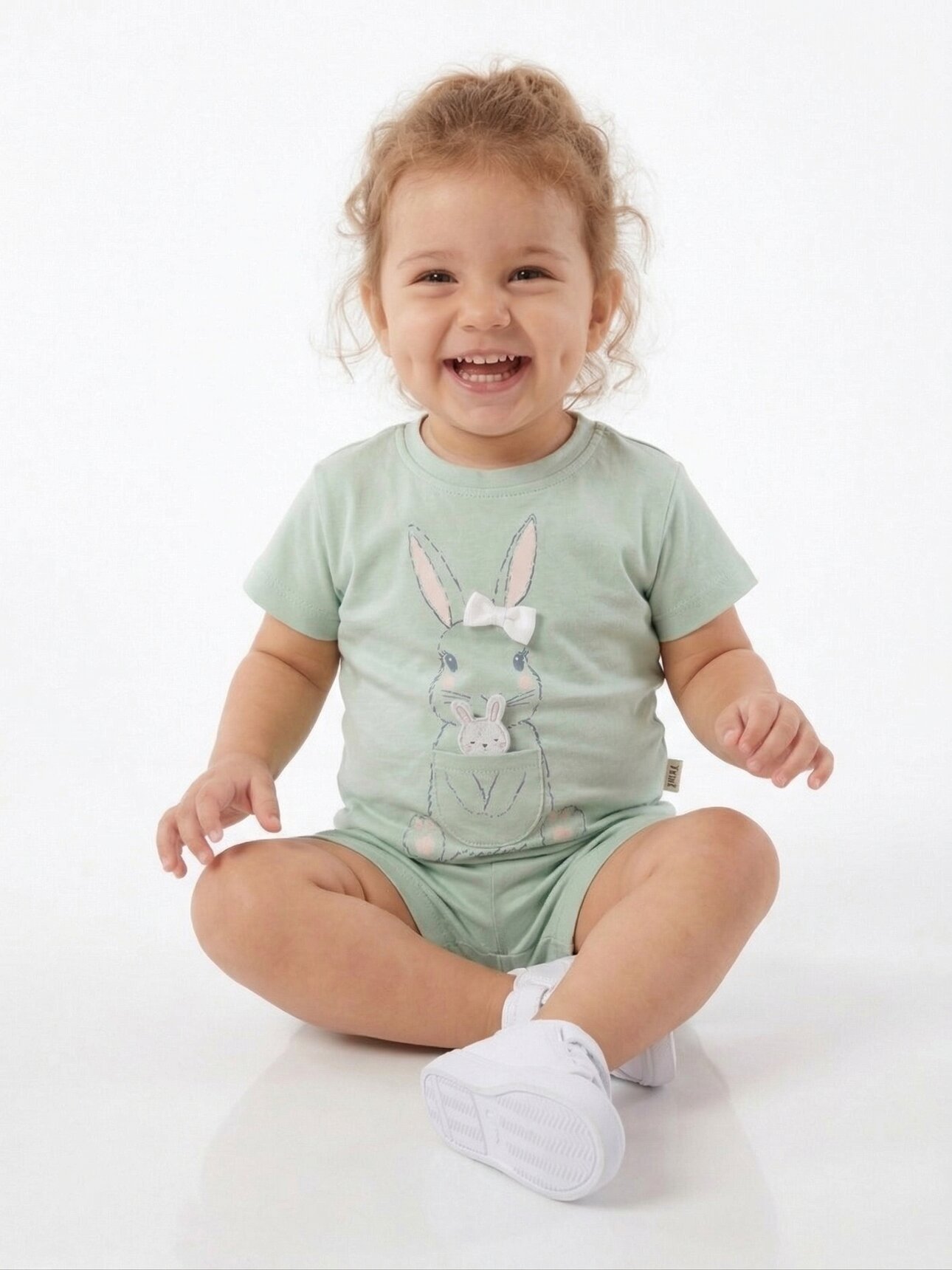Pamuklu Organik Tavşan Detaylı Kız Bebek 2li Şortlu Takım