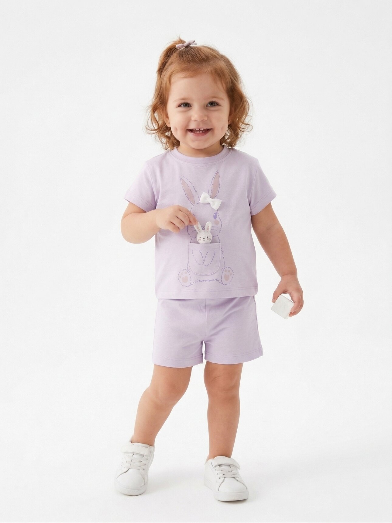 Pamuklu Organik Tavşan Detaylı Kız Bebek 2li Şortlu Takım