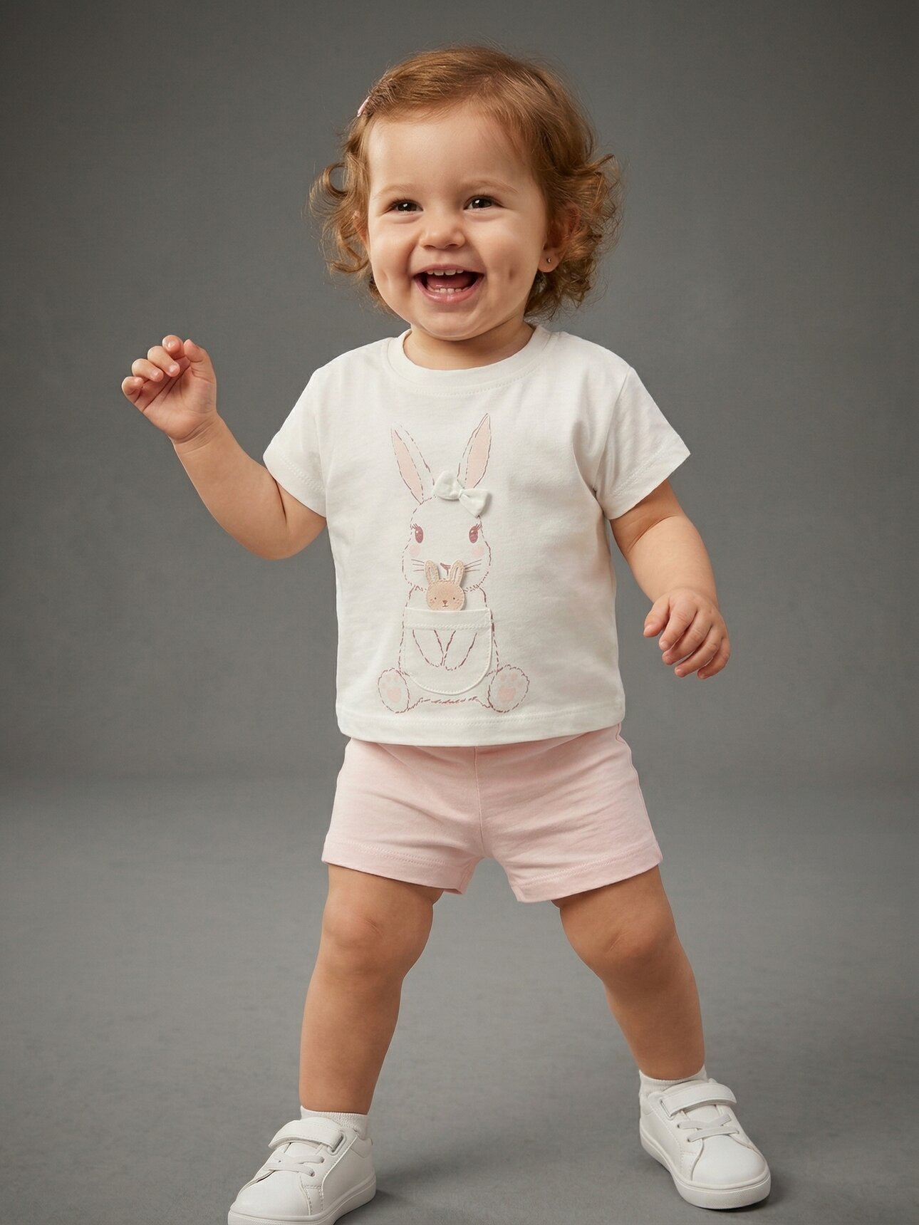 Pamuklu Organik Tavşan Detaylı Kız Bebek 2li Şortlu Takım