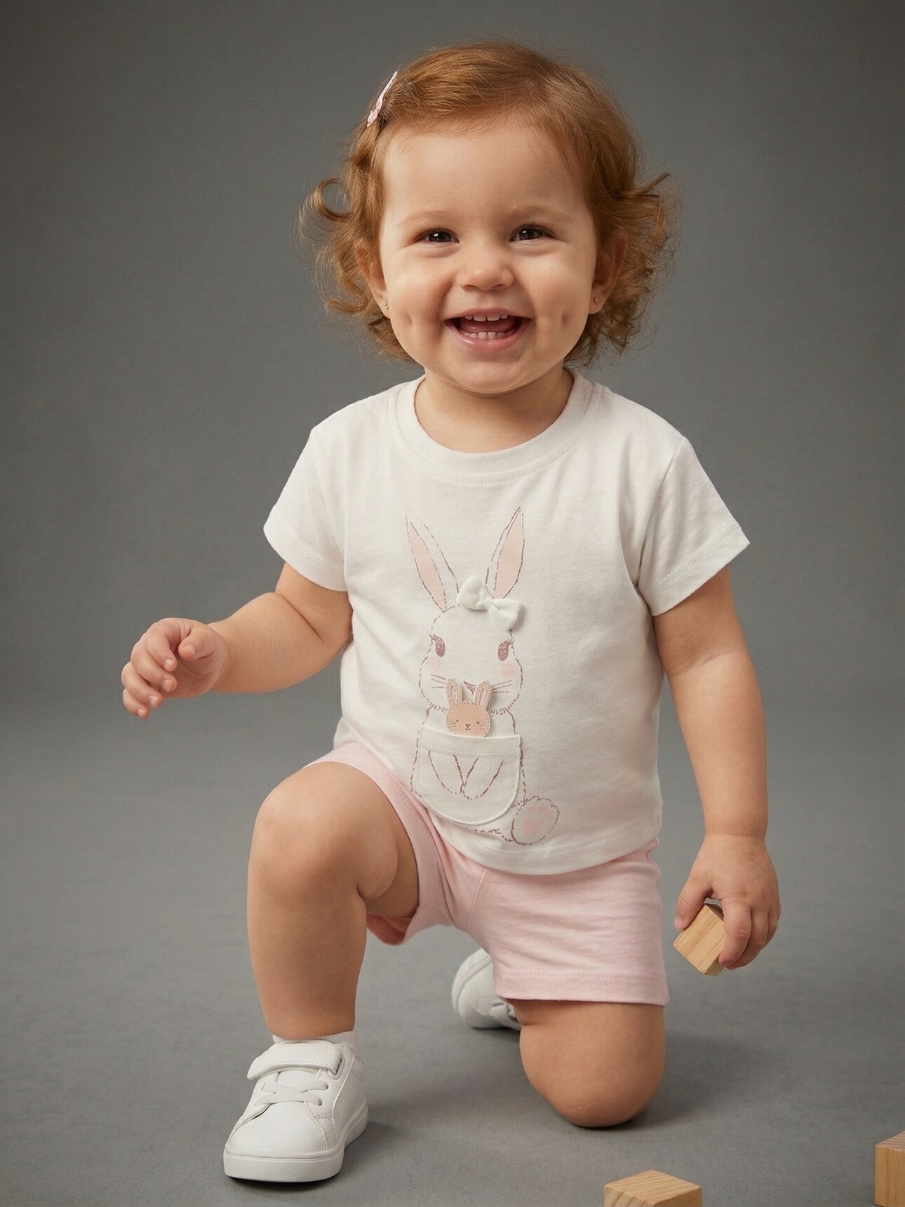 Pamuklu Organik Tavşan Detaylı Kız Bebek 2li Şortlu Takım