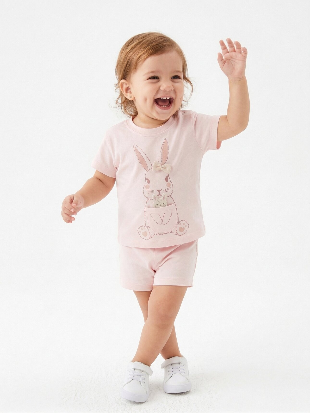 Pamuklu Organik Tavşan Detaylı Kız Bebek 2li Şortlu Takım