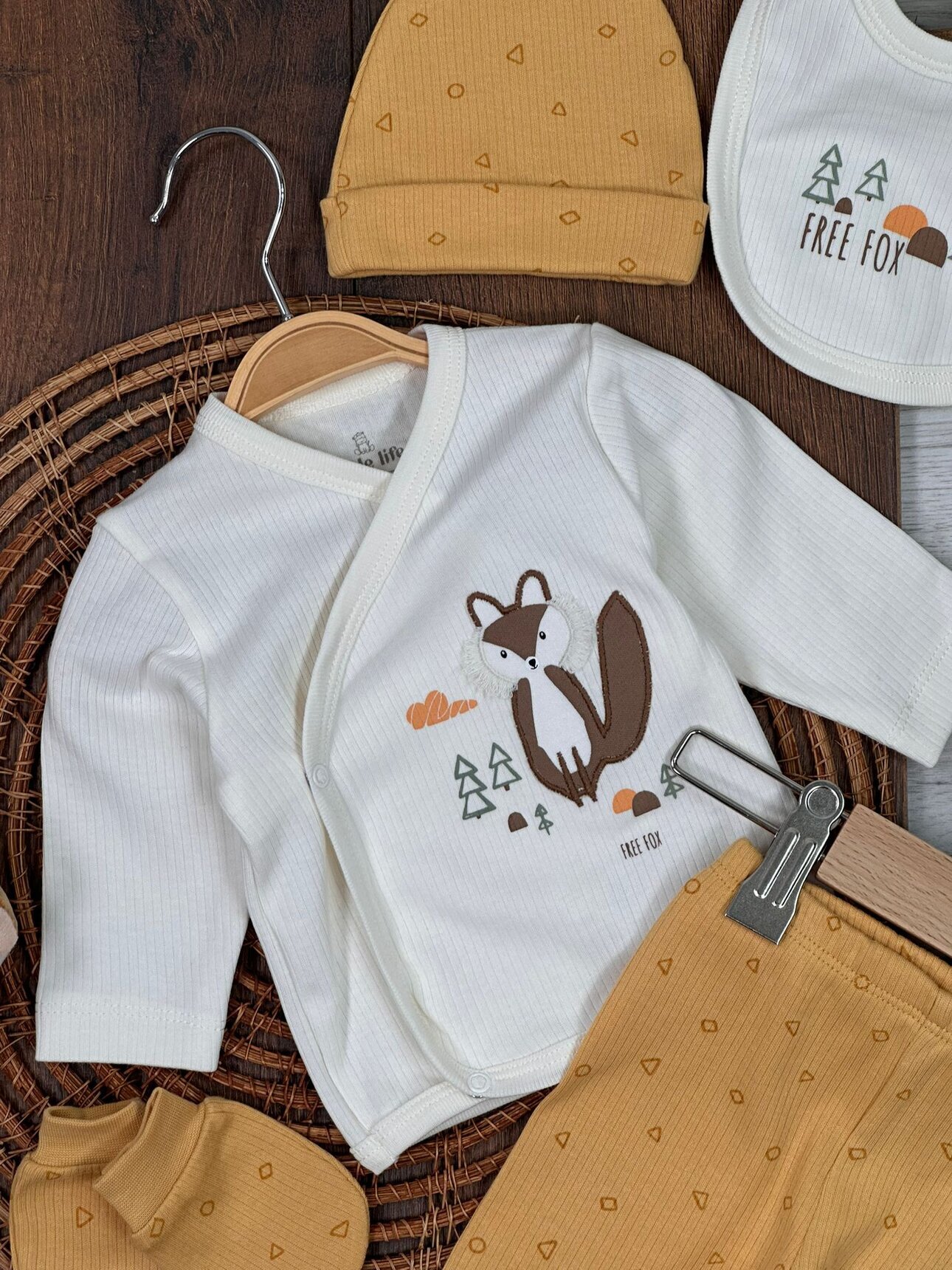 Pamuklu Tilki Desenli Erkek Bebek 5li Set Hastane Çıkışı