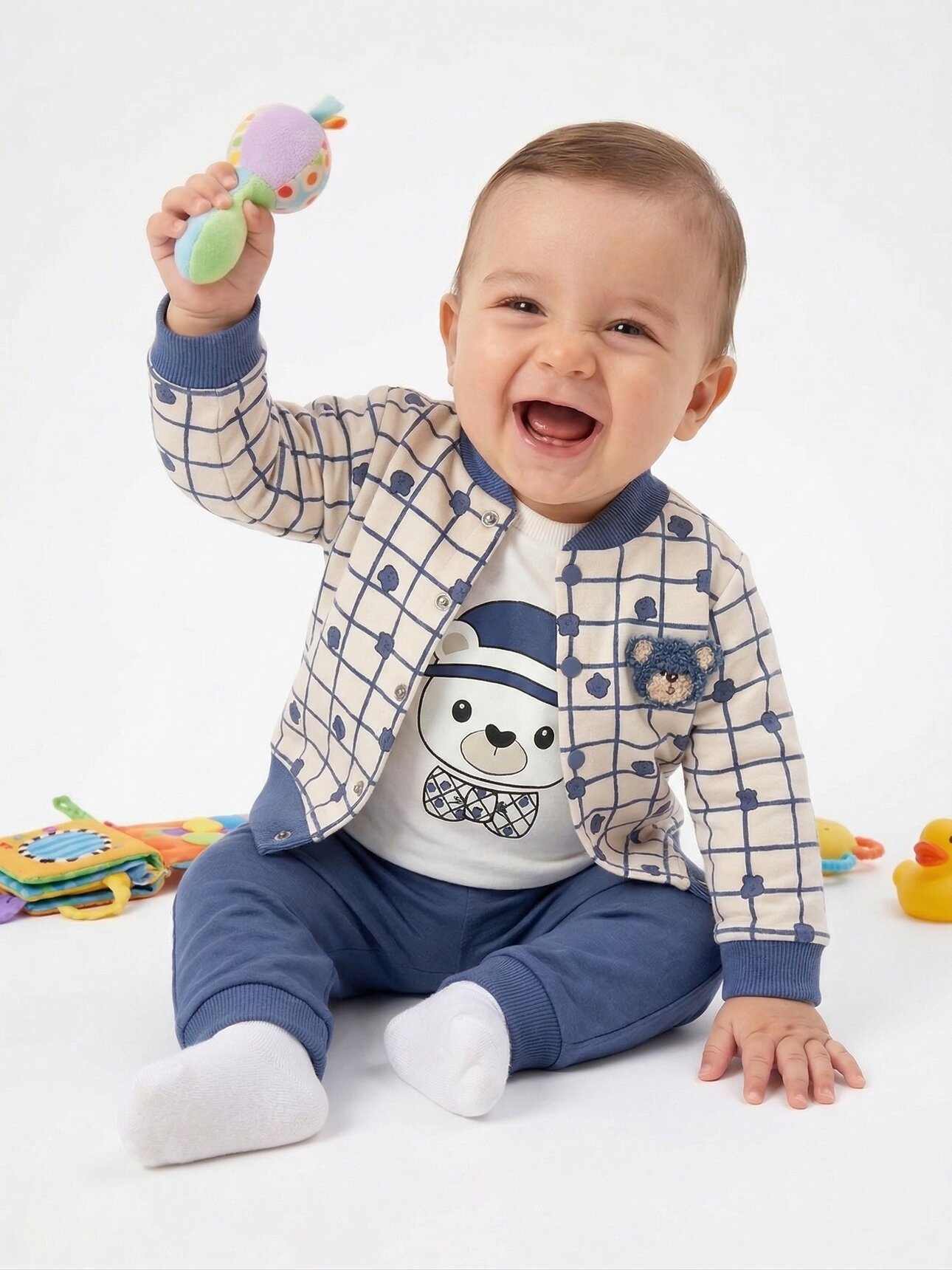 Pamuklu Ayı Desenli Erkek Bebek 3lü Takım