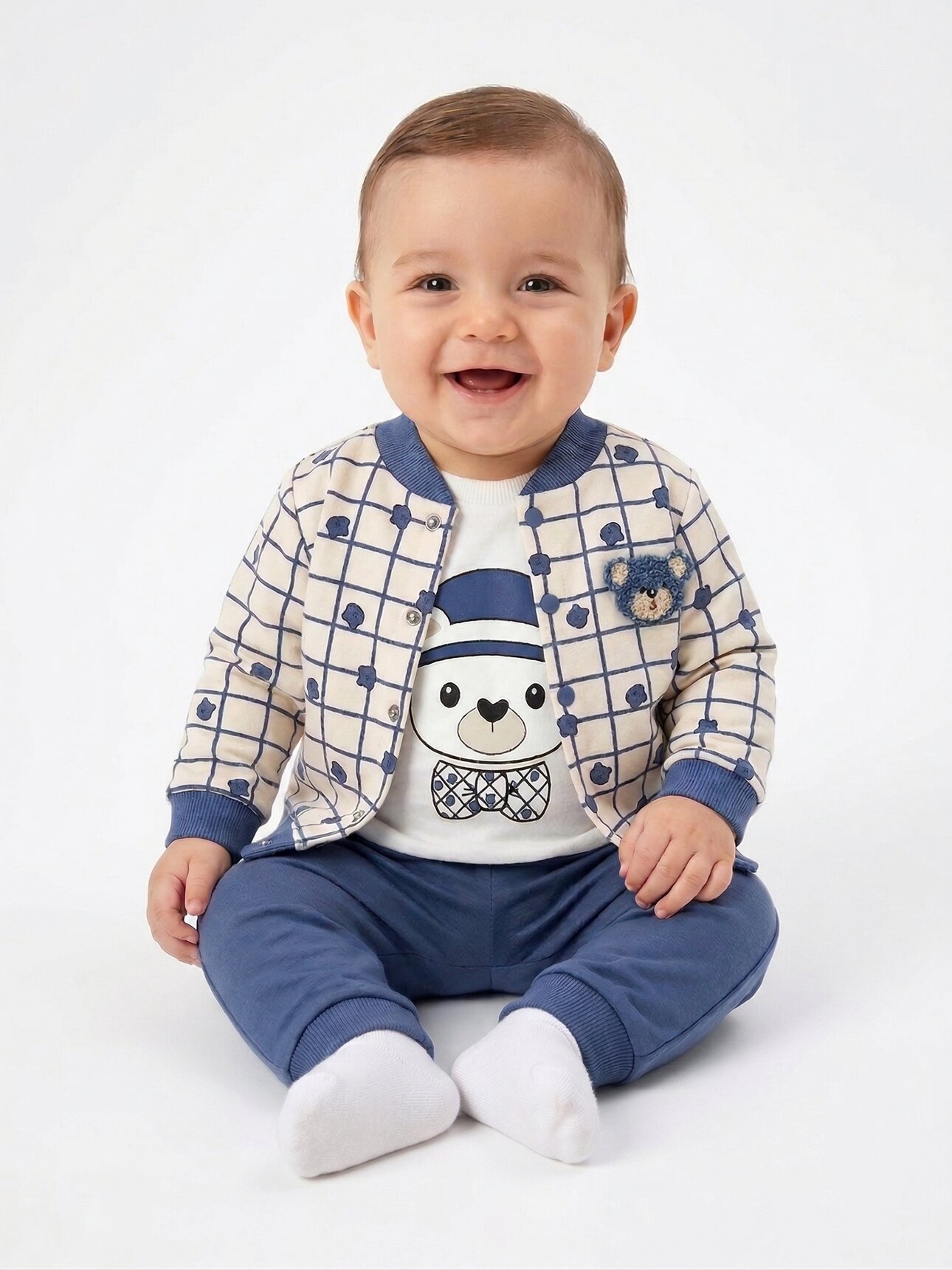 Pamuklu Ayı Desenli Erkek Bebek 3lü Takım