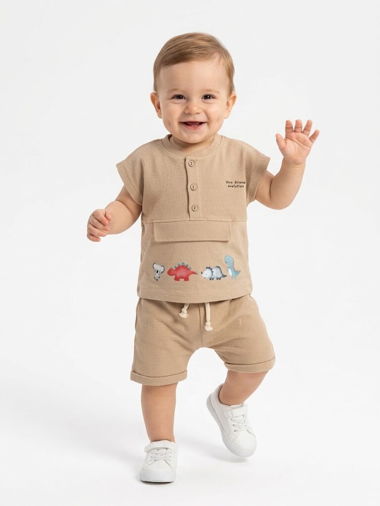 Pamuklu Dinazor Detaylı 2li Erkek Bebek Şortlu Takım