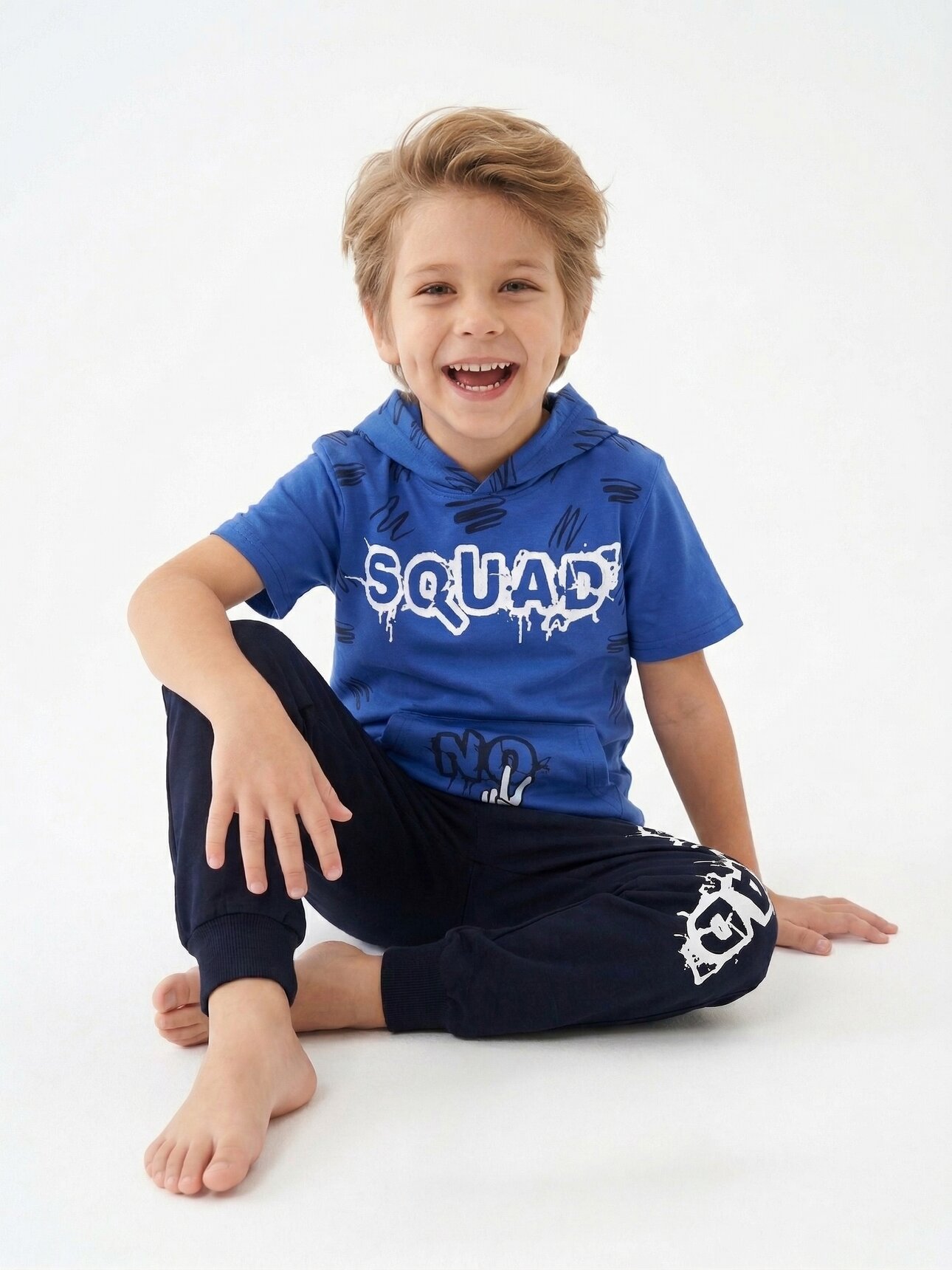 LASTİKLİ PAÇA, PAMUKLU,  YAZLIK, GÜNLÜK, ERKEK ÇOCUK KAPİŞONLU PİJAMA TAKIM