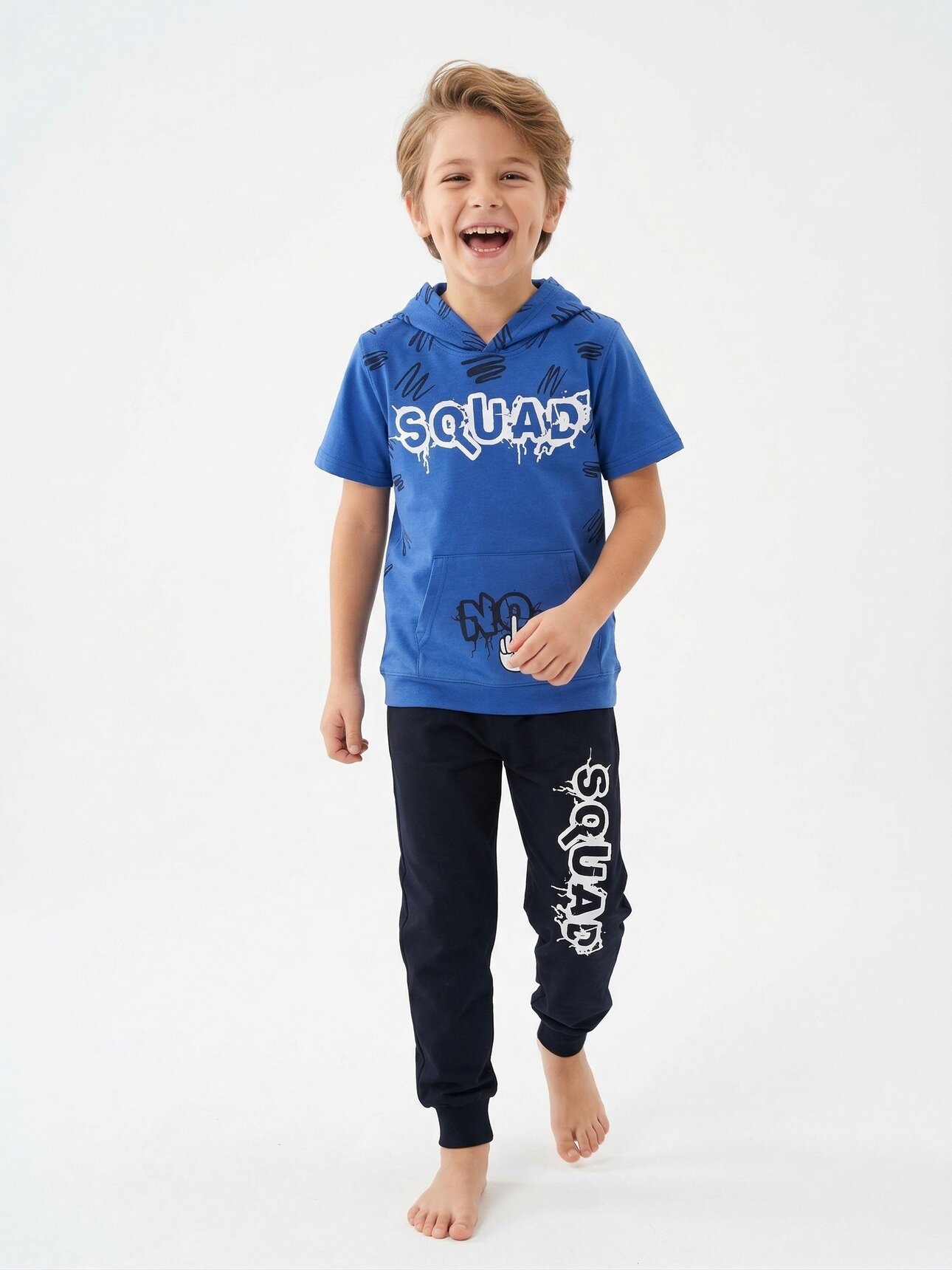 LASTİKLİ PAÇA, PAMUKLU,  YAZLIK, GÜNLÜK, ERKEK ÇOCUK KAPİŞONLU PİJAMA TAKIM