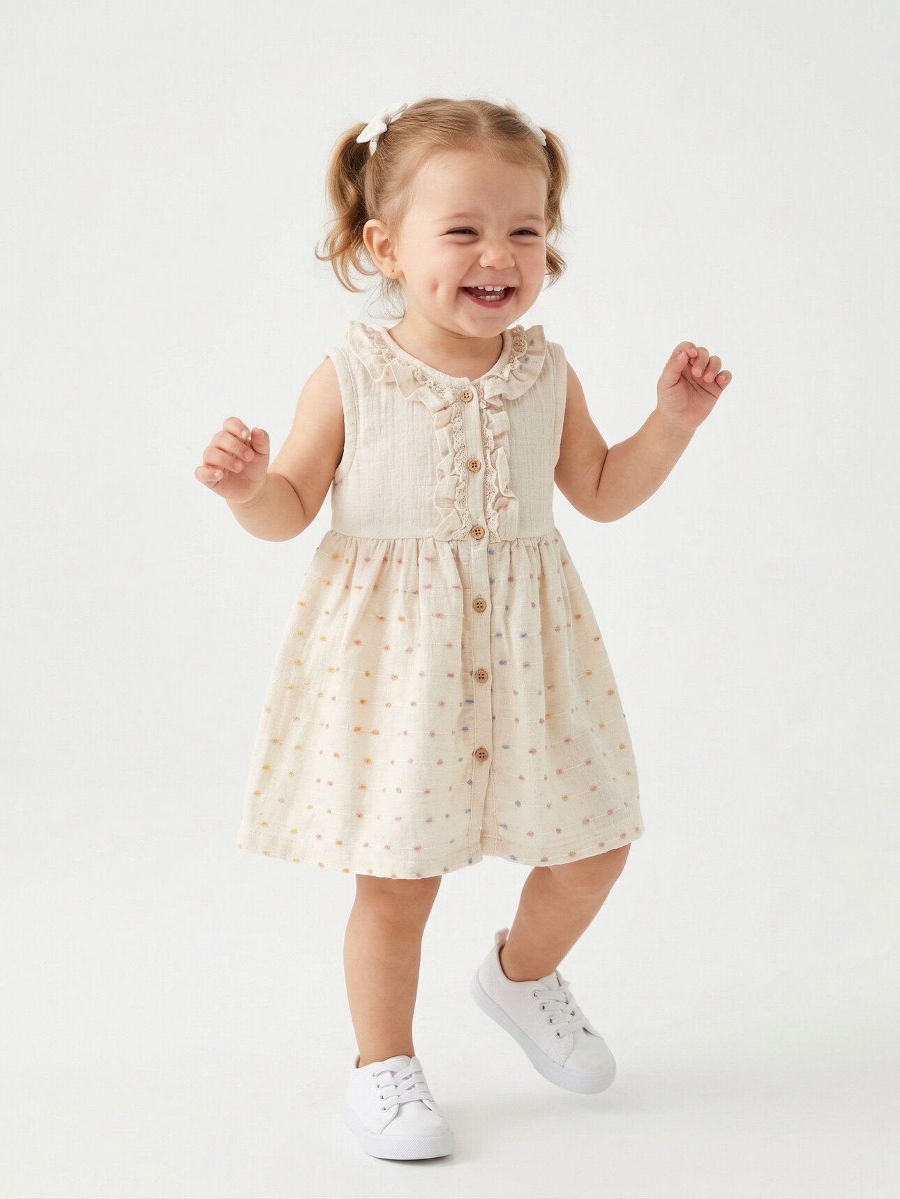 Güpür Detaylı Pamuk Keten Diz Altı Kız Bebek Elbise