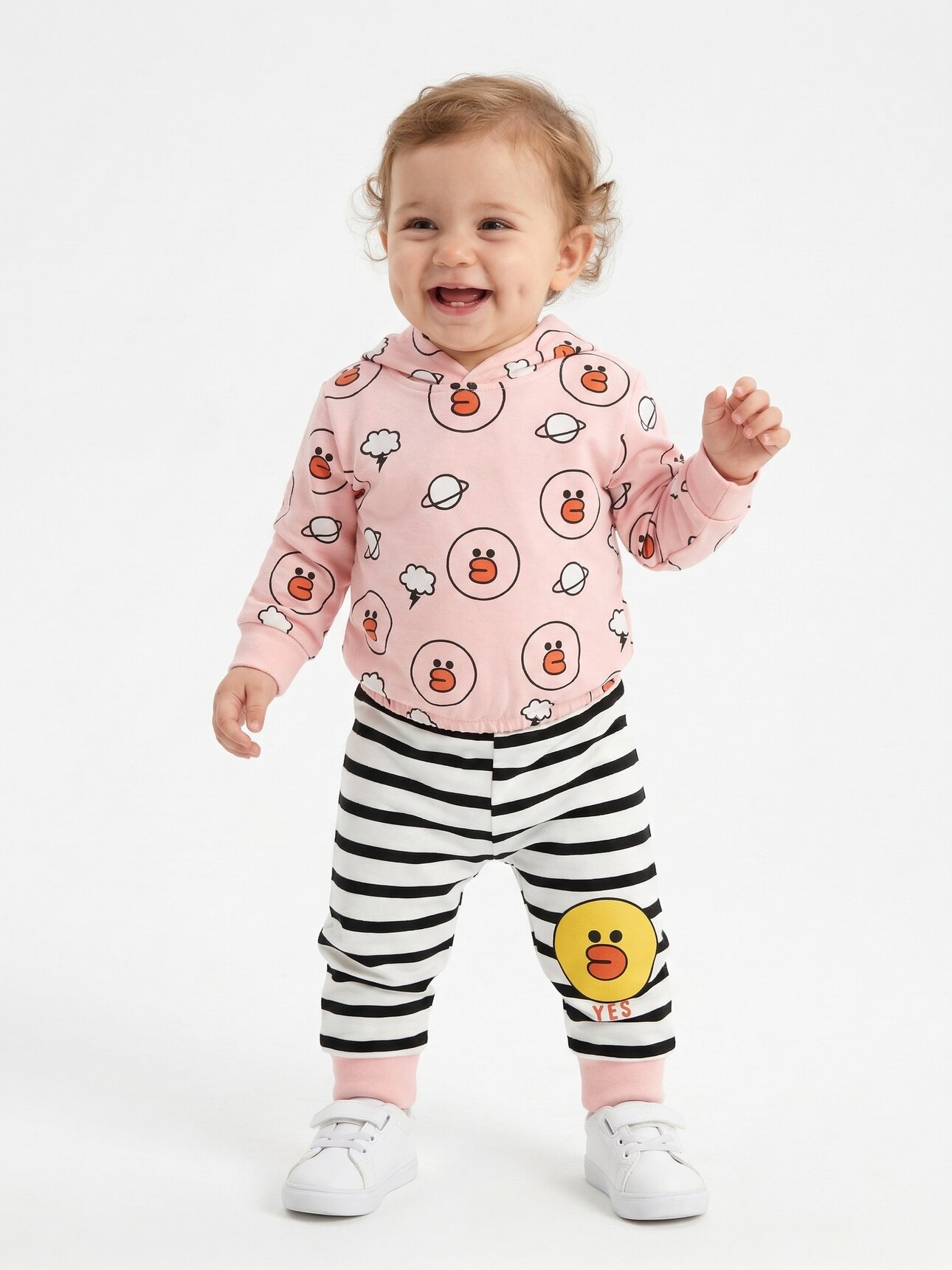 Pamuklu Ördek Desenli Kapüşonlu Kız Bebek 2li Takım