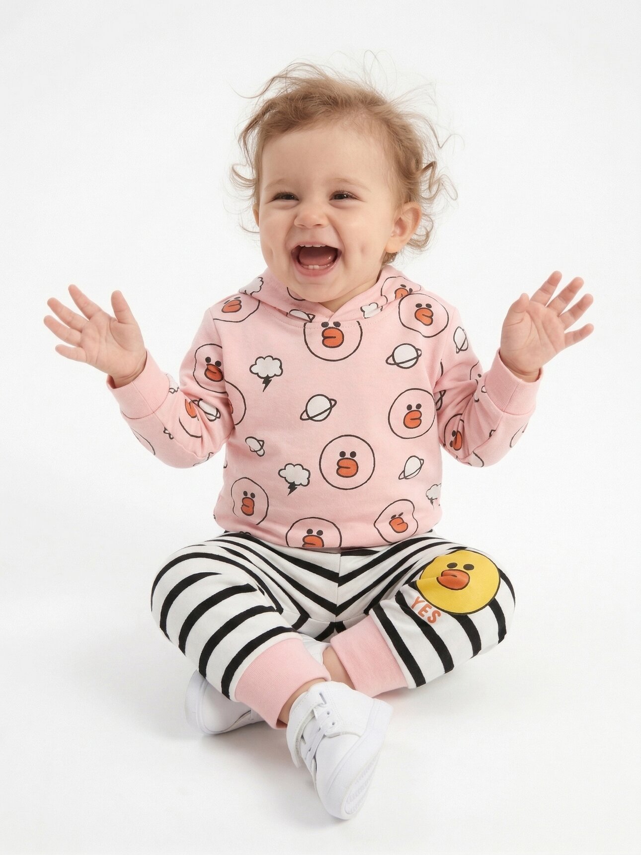 Pamuklu Ördek Desenli Kapüşonlu Kız Bebek 2li Takım