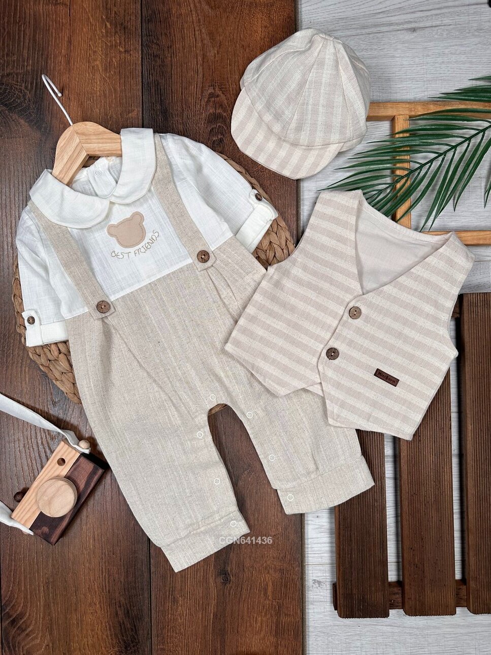 Organik Dokuma Kumaş Şapkalı Pamuk Sevimli Ayıcık Detaylı Erkek Bebek 3lü Takım