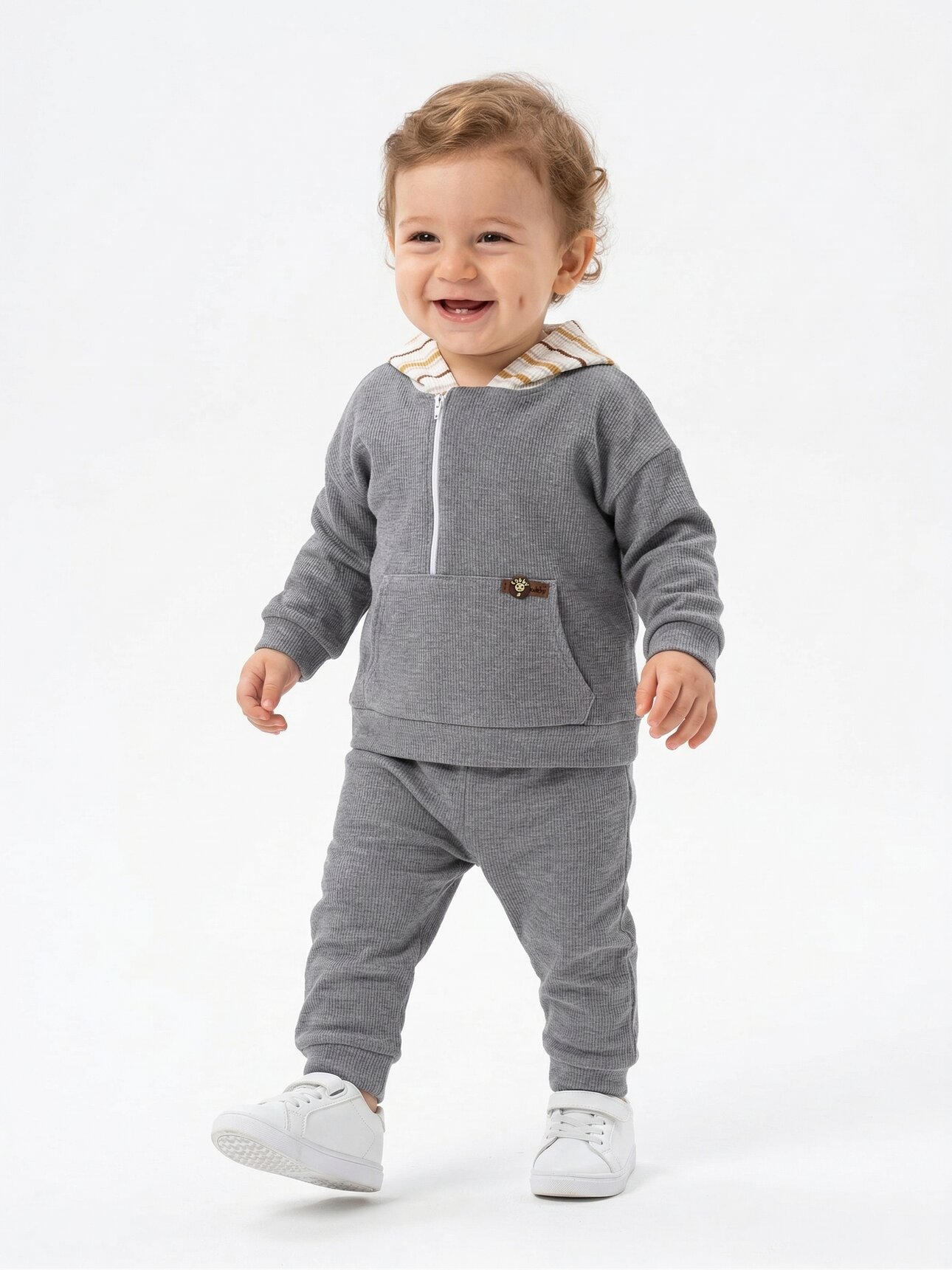 Pamuklu Çizgili Kapüşonlu Fermuar Detaylı 2li Erkek Bebek Takım