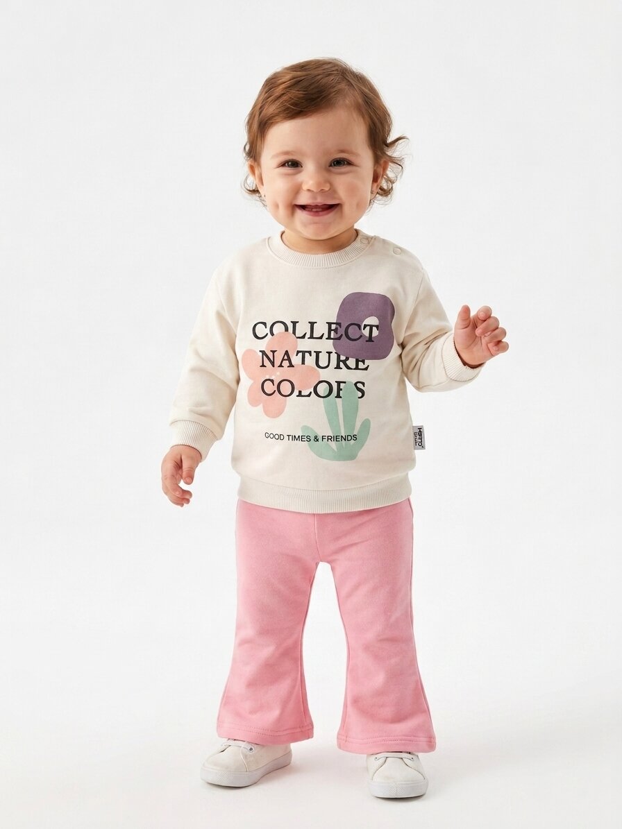 Pamuklu Çiçek Detaylı İspanyol Paça Kız Bebek 2li Takım