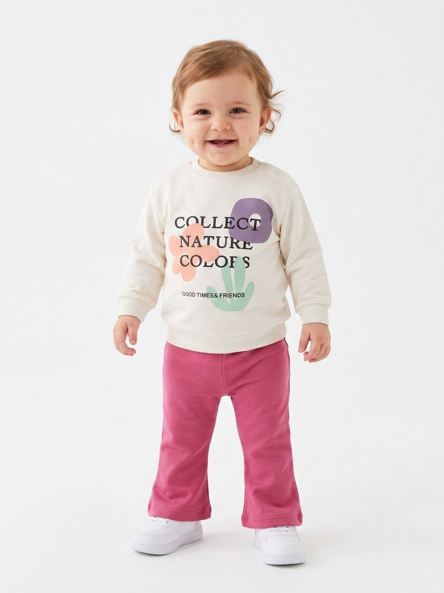 Pamuklu Çiçek Detaylı İspanyol Paça Kız Bebek 2li Takım