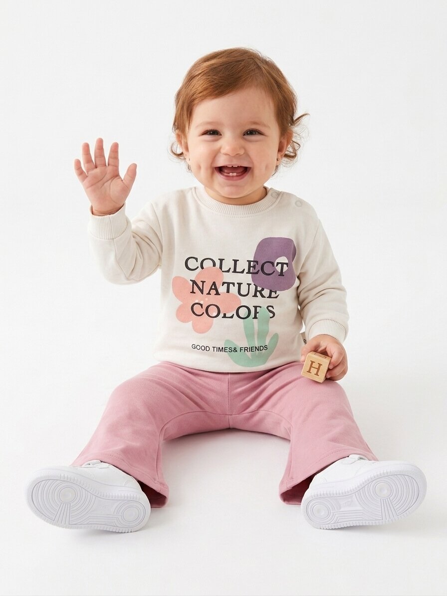 Pamuklu Çiçek Detaylı İspanyol Paça Kız Bebek 2li Takım