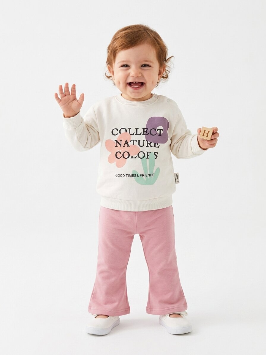 Pamuklu Çiçek Detaylı İspanyol Paça Kız Bebek 2li Takım