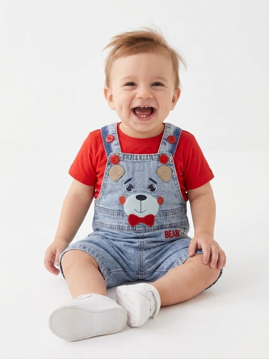 Pamuklu Ayıcık Dtaylı Salopet Tulum Erkek Bebek 2li Takım